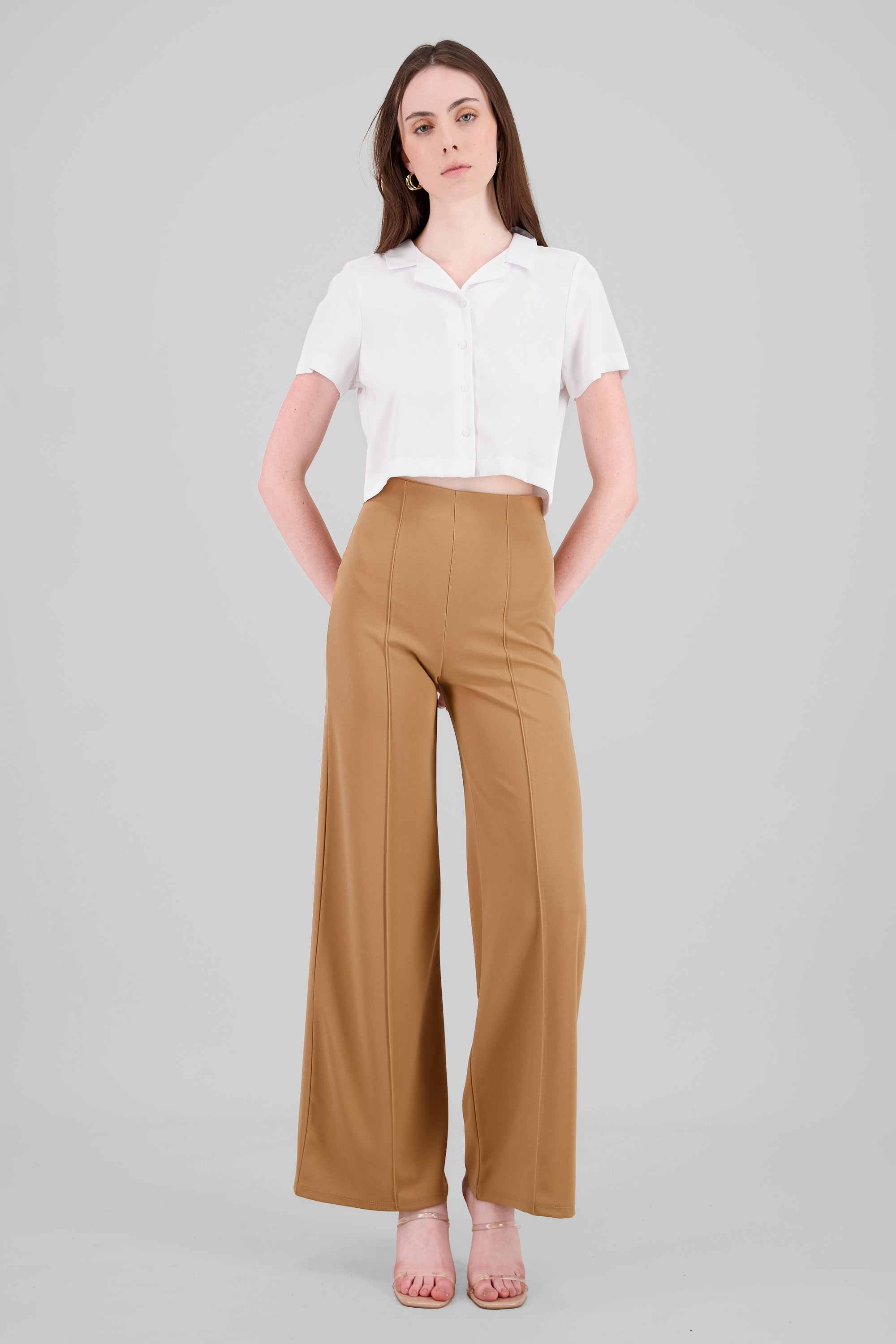 Pantalón Wide Leg Cintura Alta Costuras KHAKI