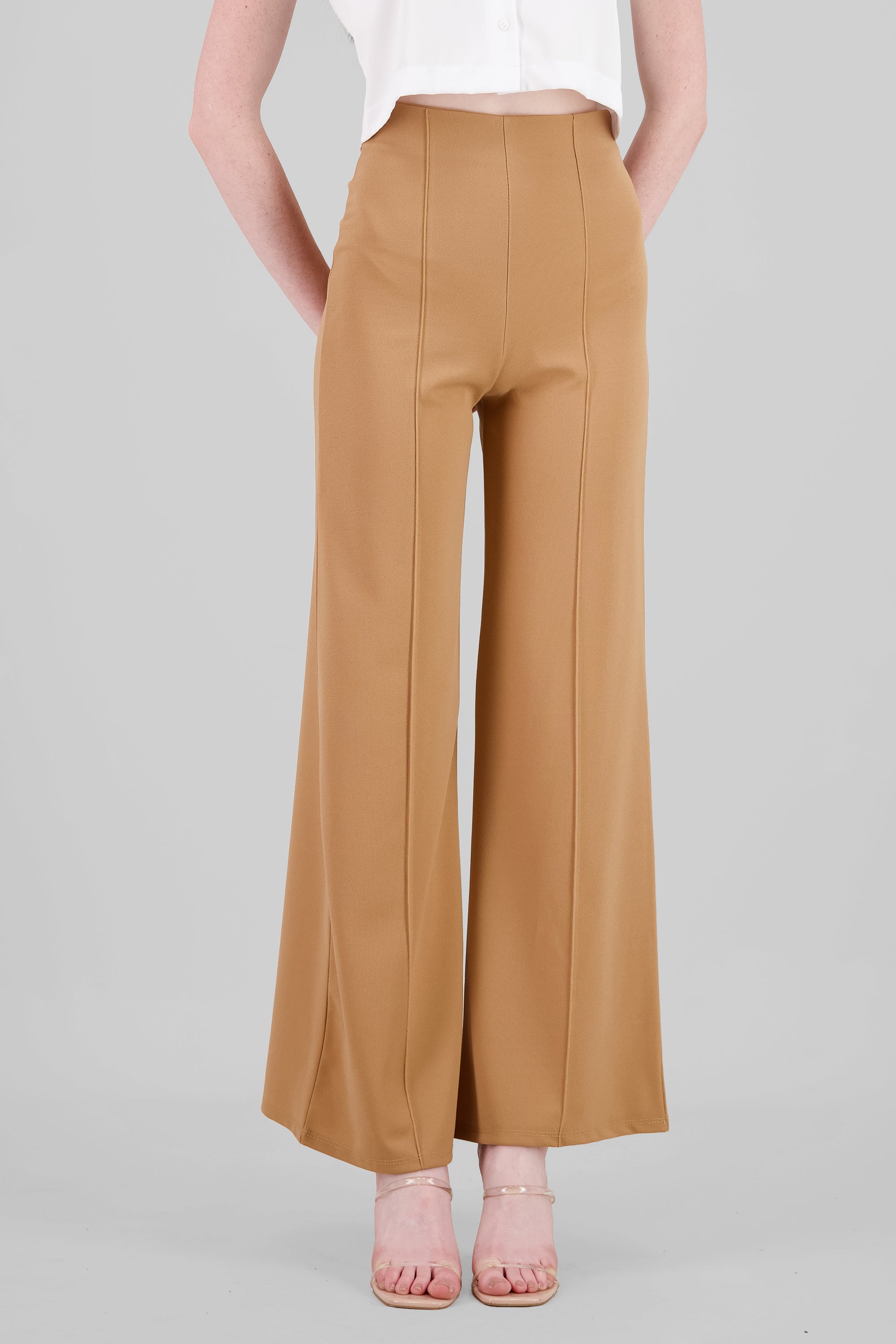 Pantalón Wide Leg Cintura Alta Costuras KHAKI