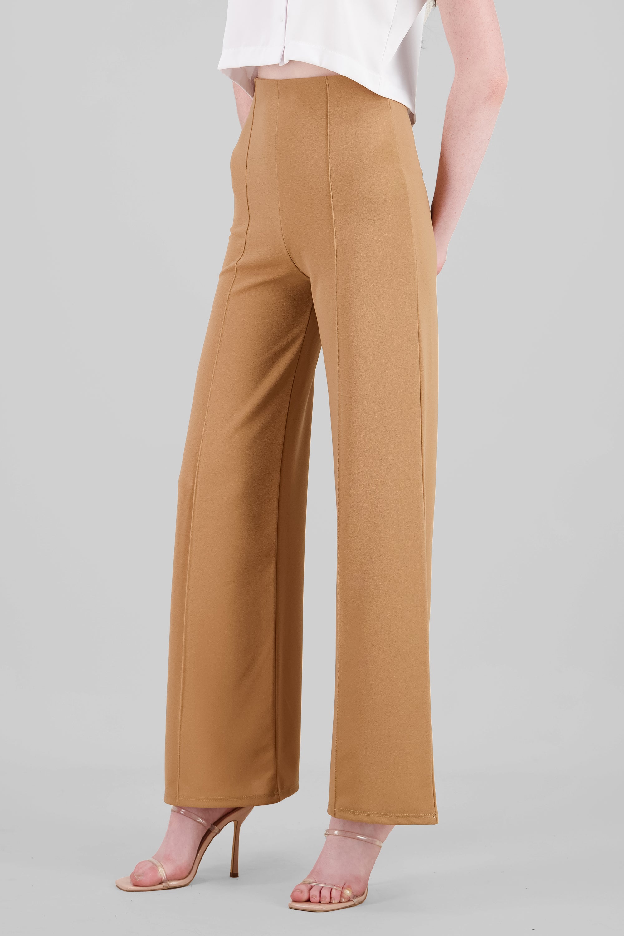 Pantalón Wide Leg Cintura Alta Costuras KHAKI