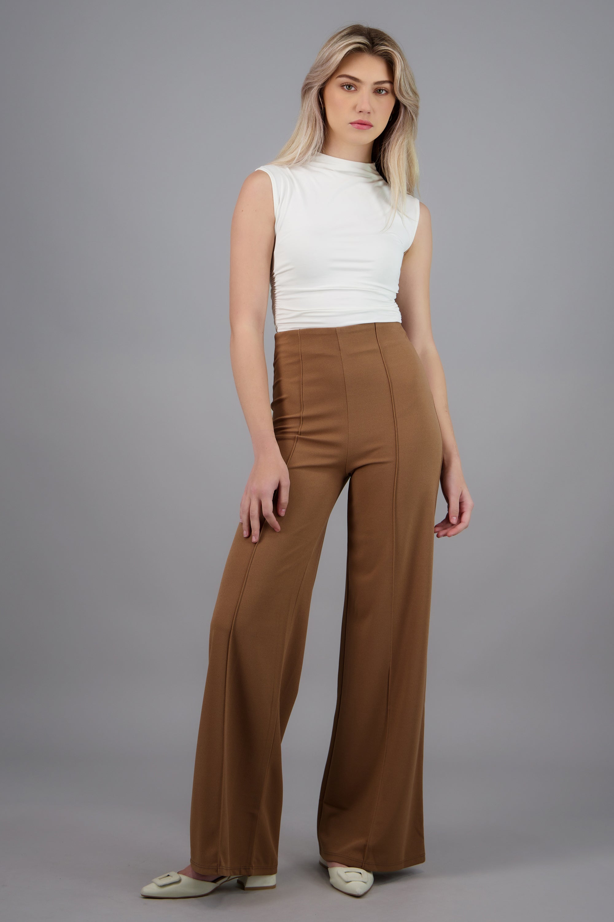 Pantalón Wide Leg Cintura Alta Costuras TAN