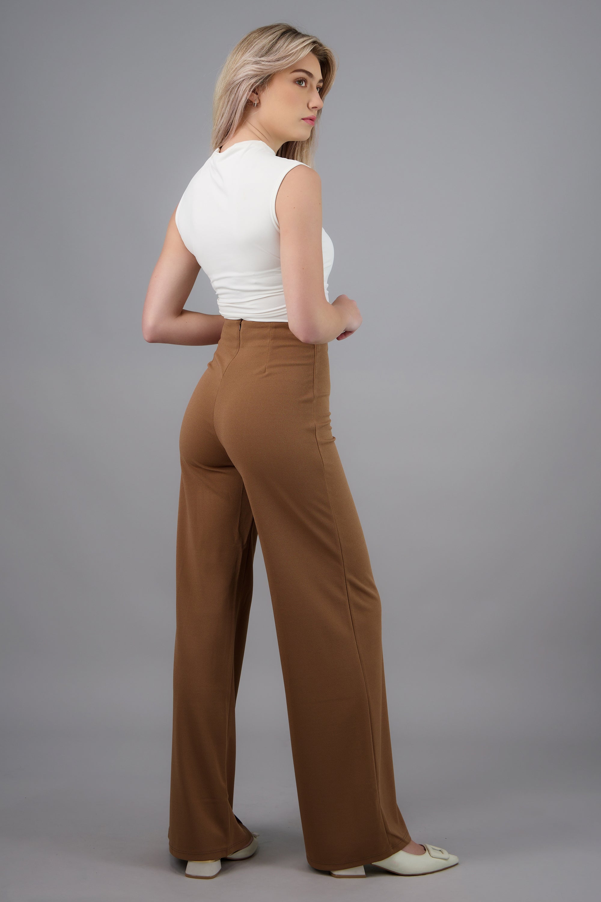 Pantalón Wide Leg Cintura Alta Costuras TAN