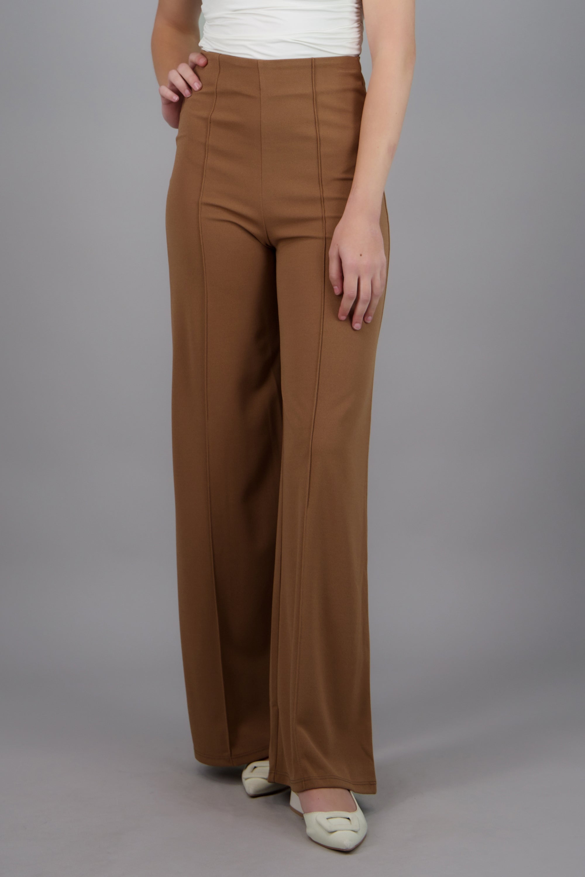 Pantalón Wide Leg Cintura Alta Costuras TAN