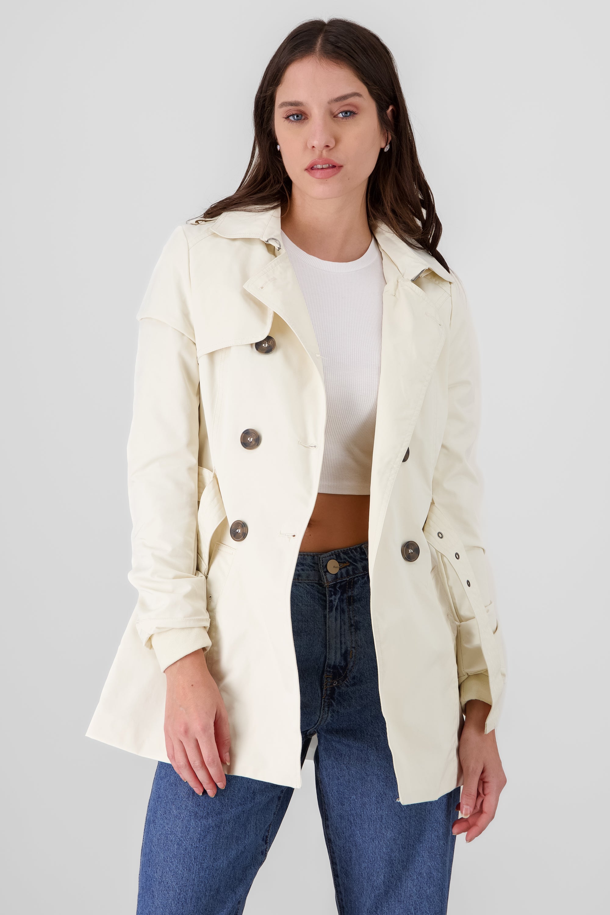 Gabardina ajustada capucha CREMA