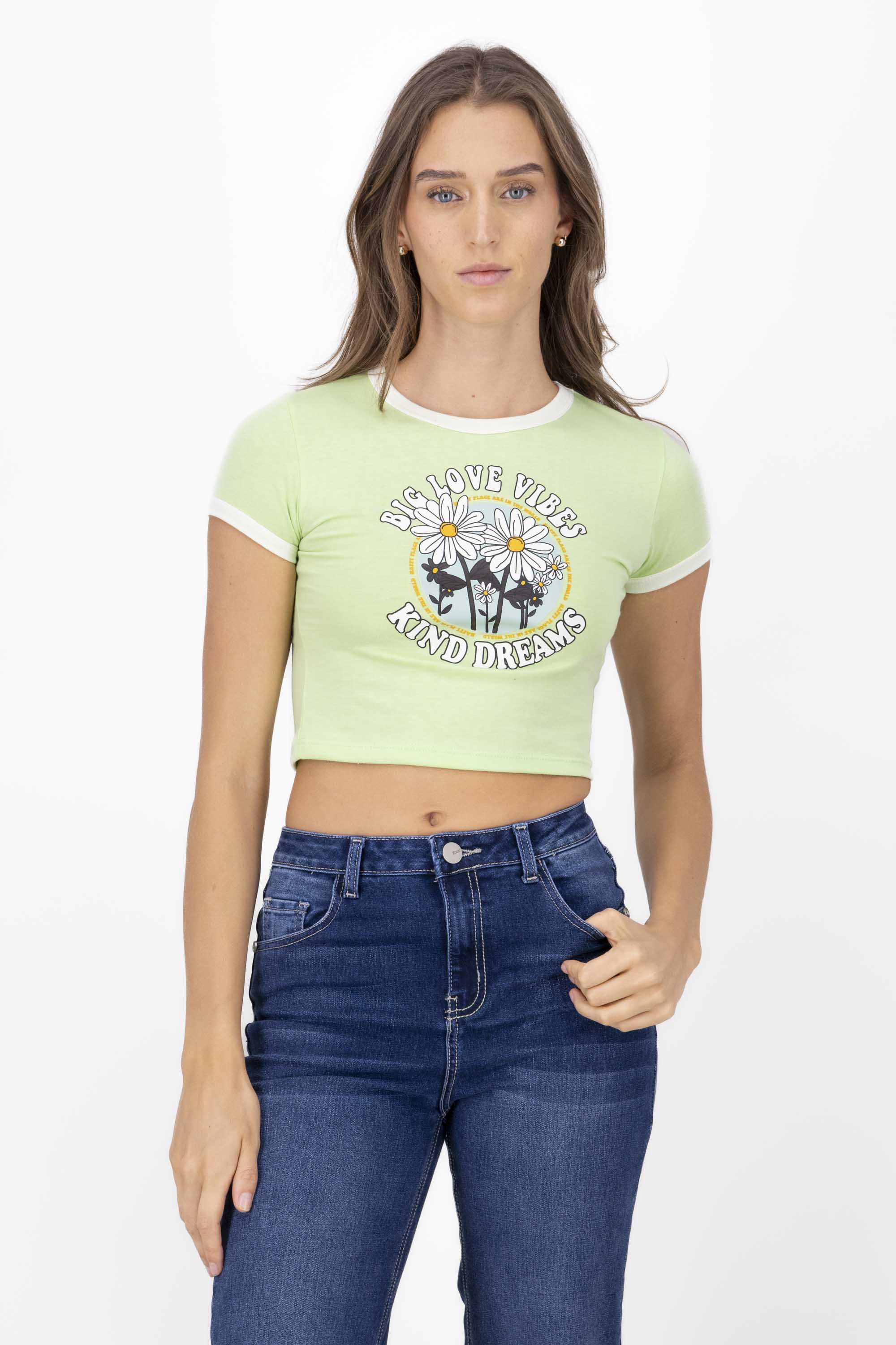 Playera Crop Frase Flores VERDE CLARO