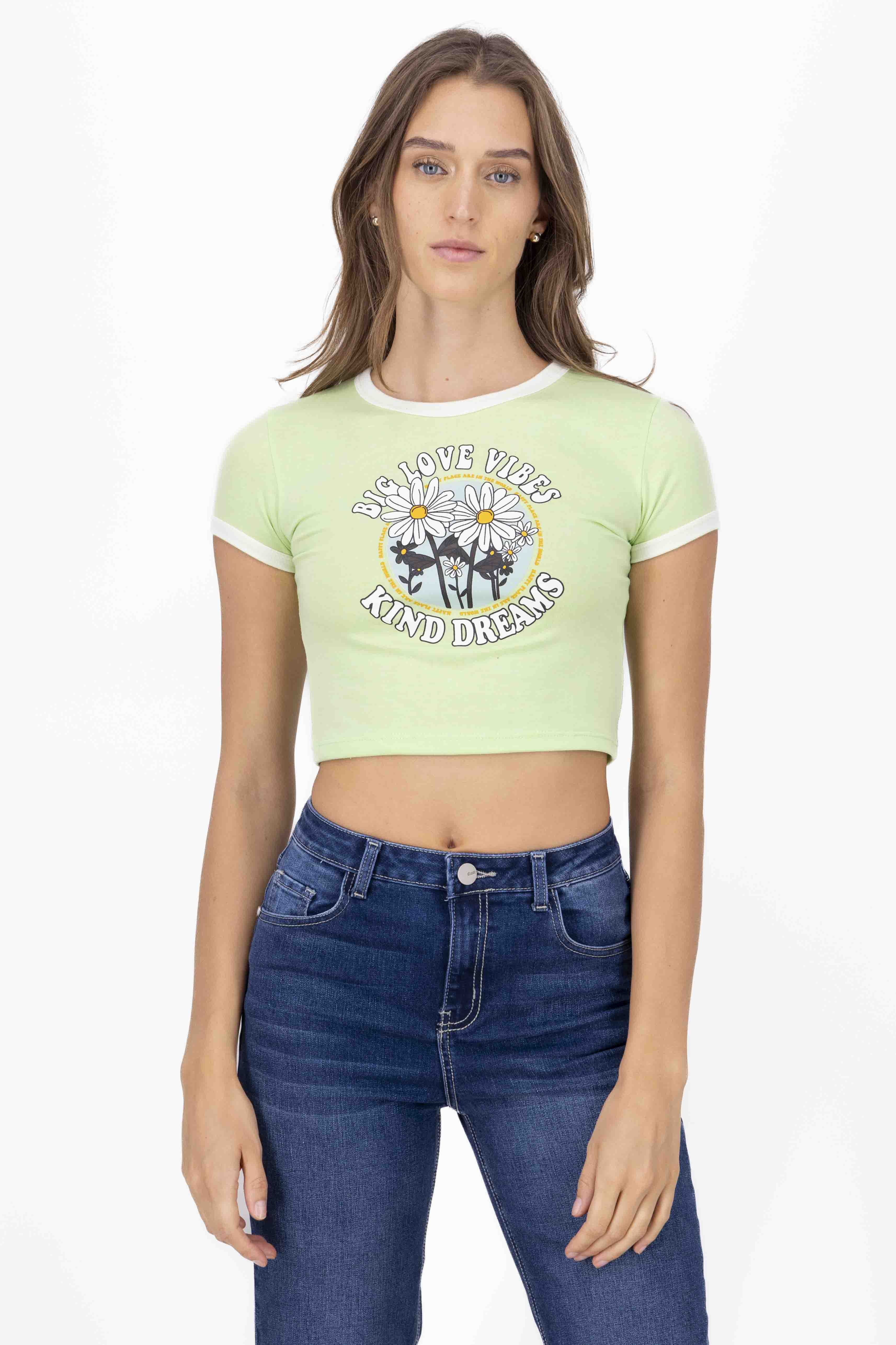 Playera Crop Frase Flores VERDE CLARO