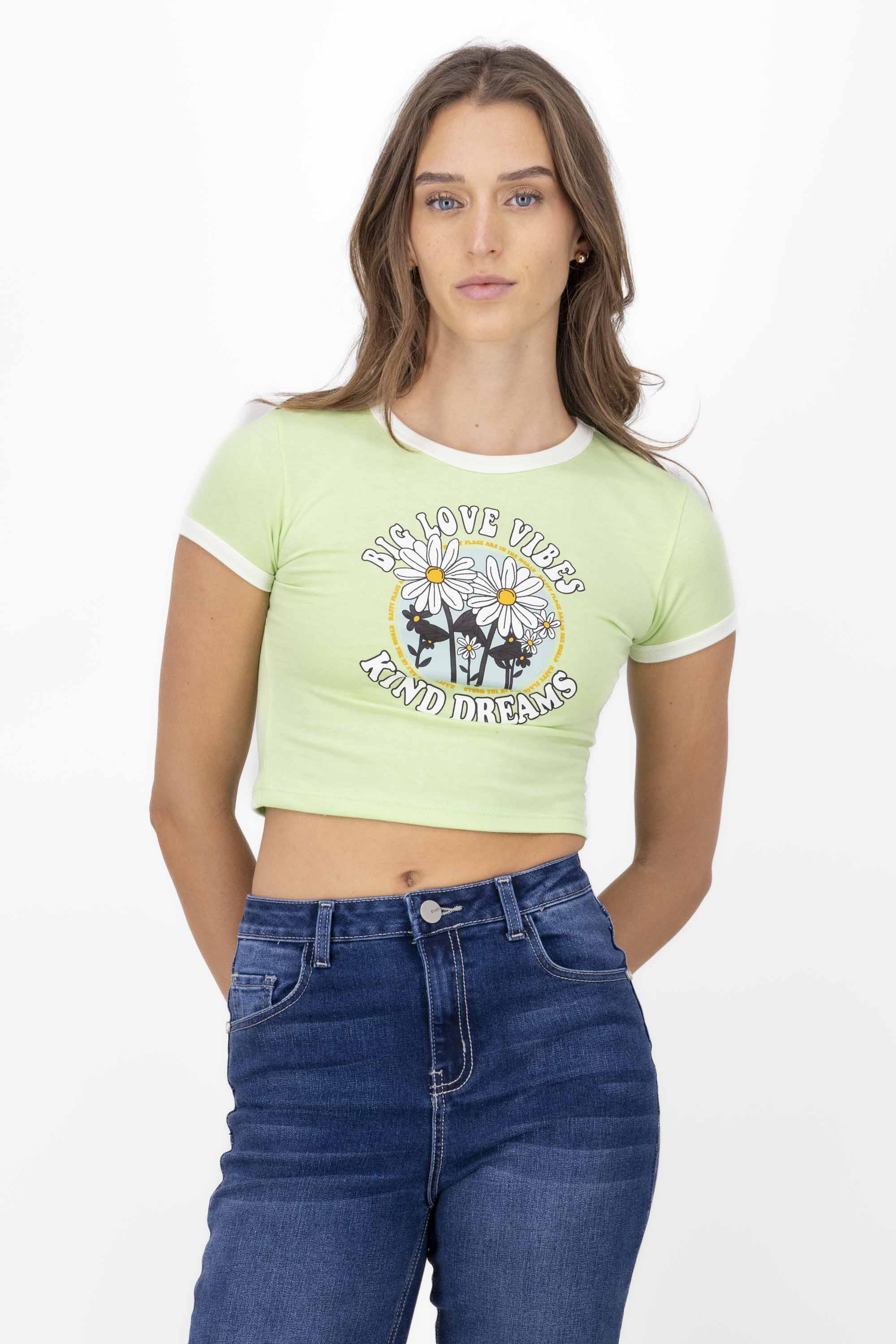 Playera Crop Frase Flores VERDE CLARO