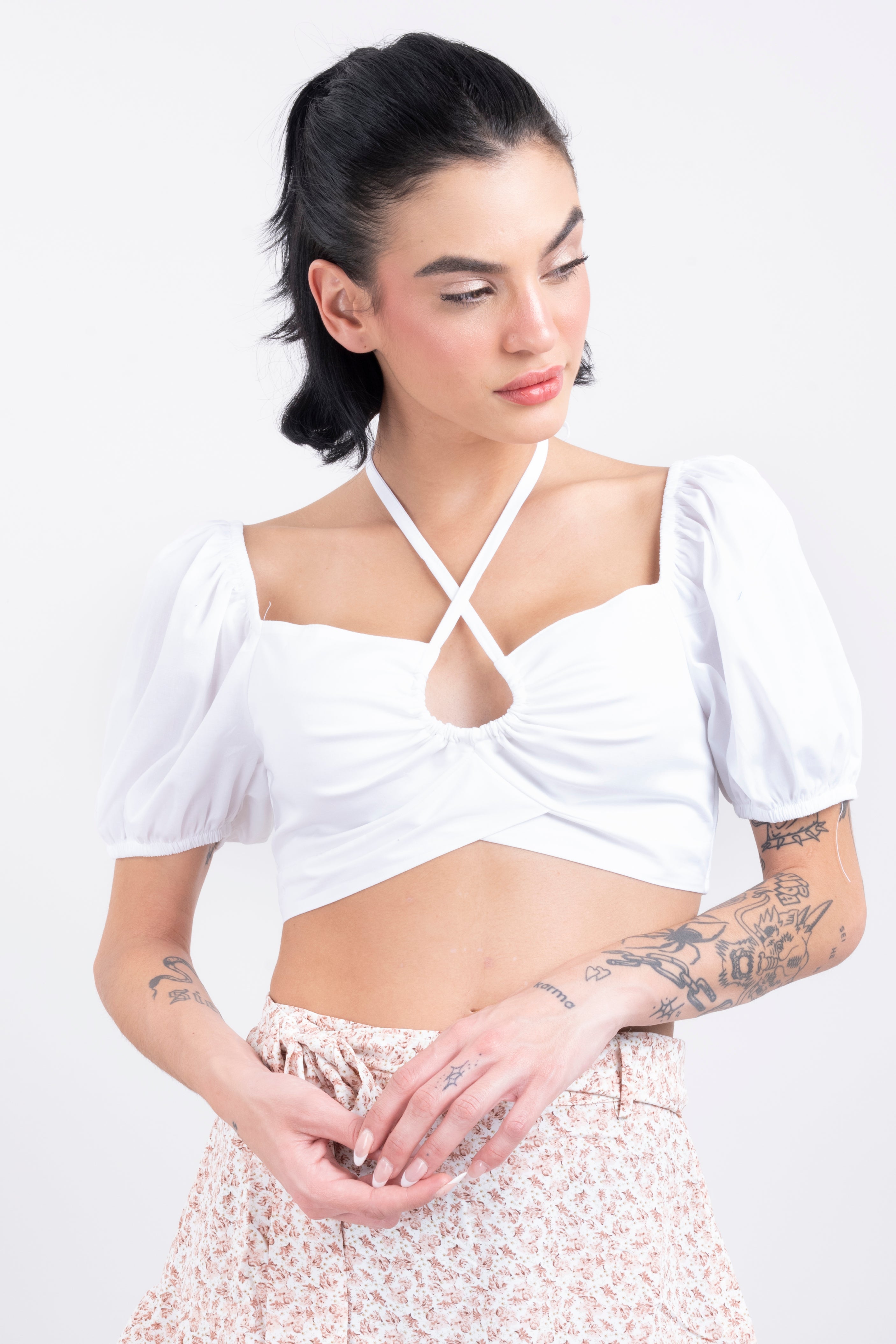 Crop Top Halter Manga Corta Globo BLANCO