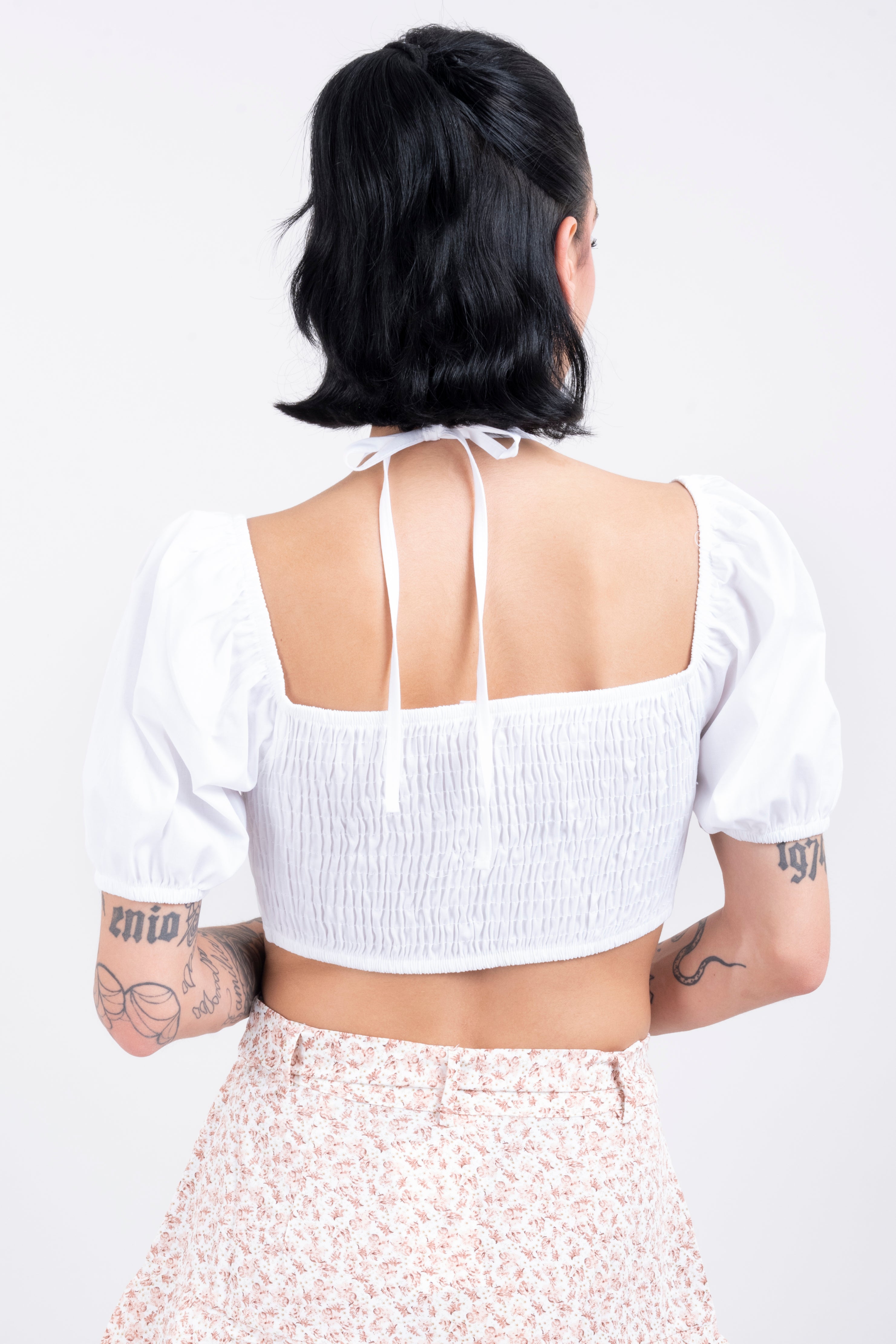 Crop Top Halter Manga Corta Globo BLANCO