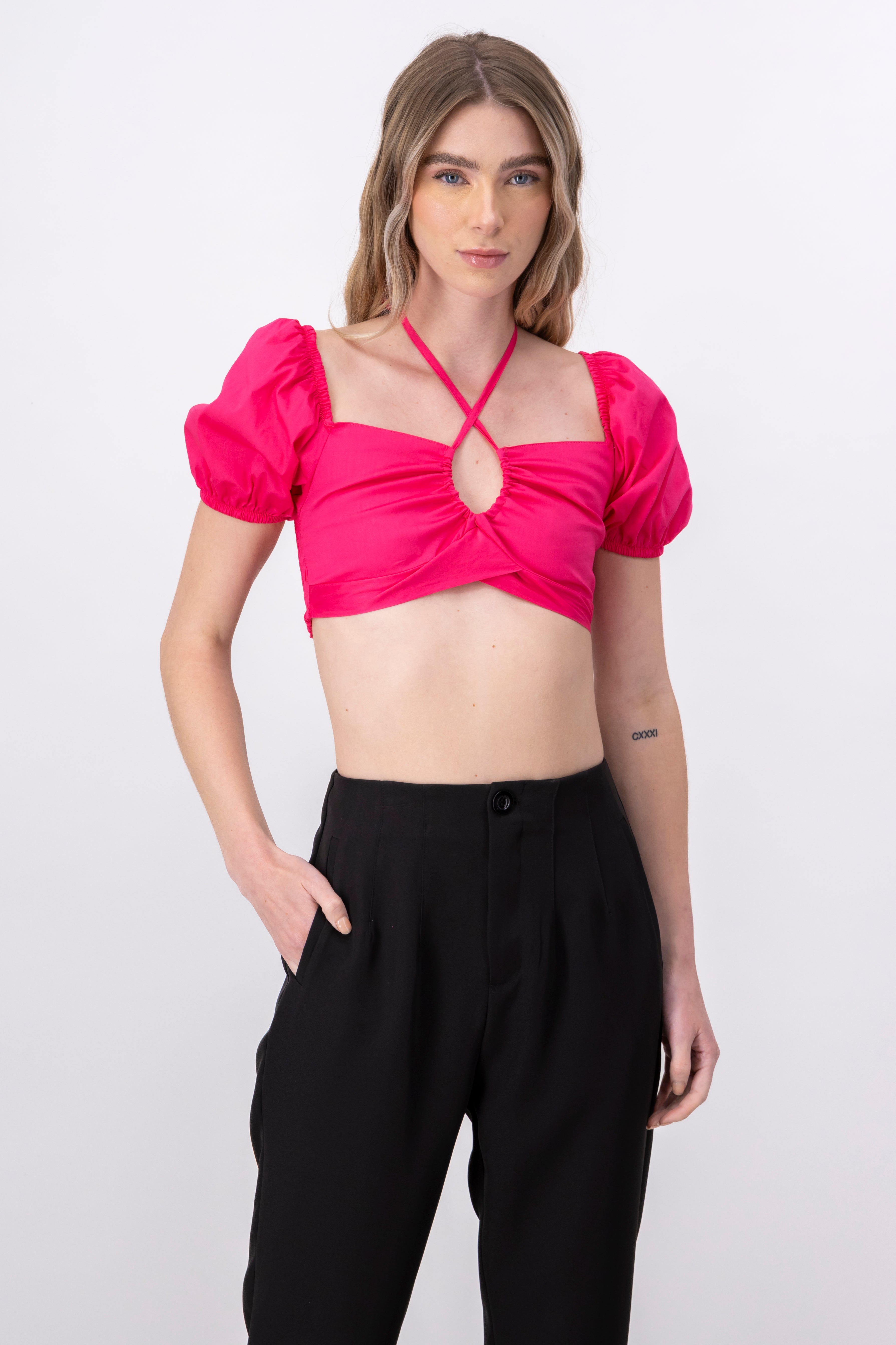 Crop Top Halter Manga Corta Globo FIUSHA