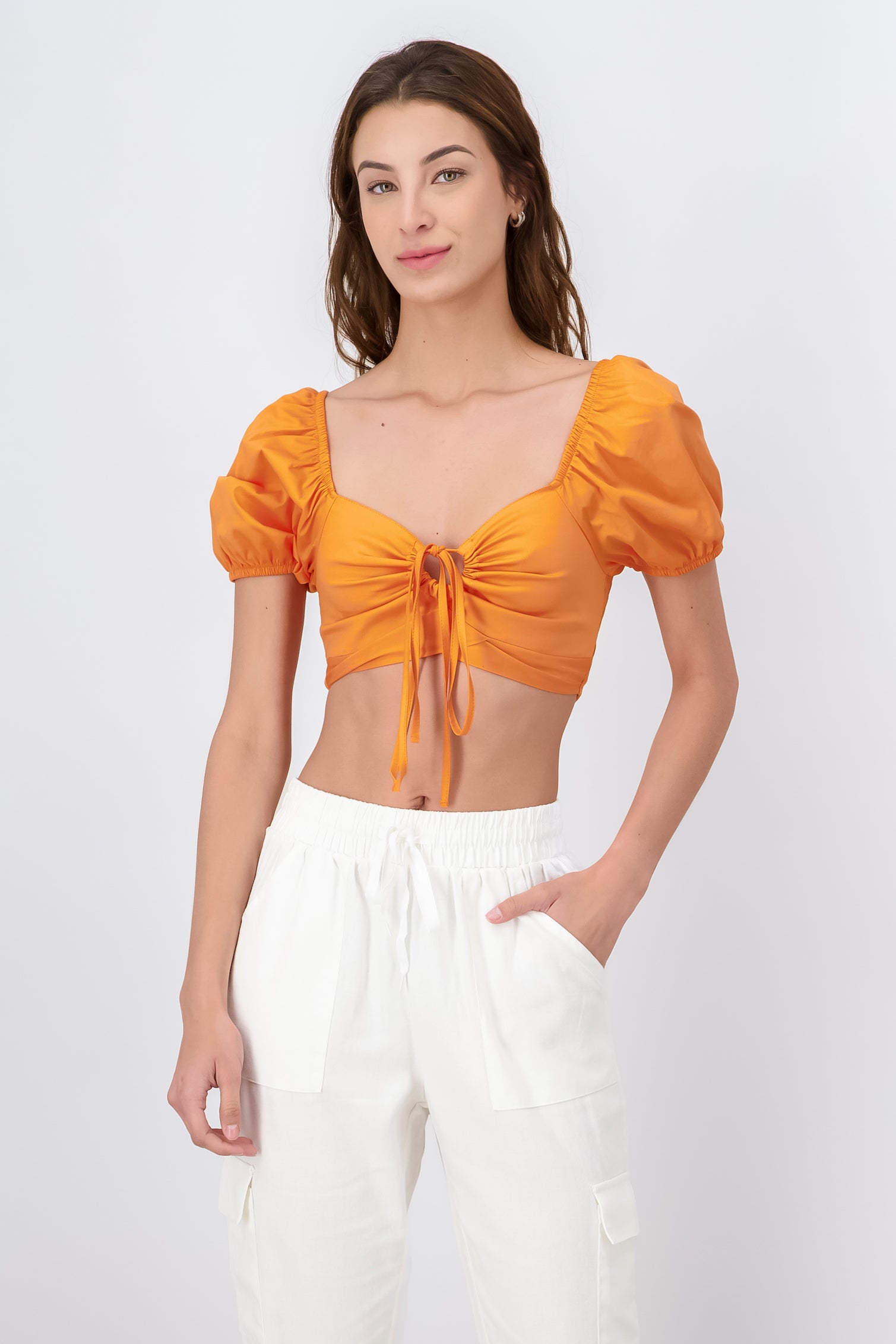 Crop Top Halter Manga Corta Globo MANDARINA