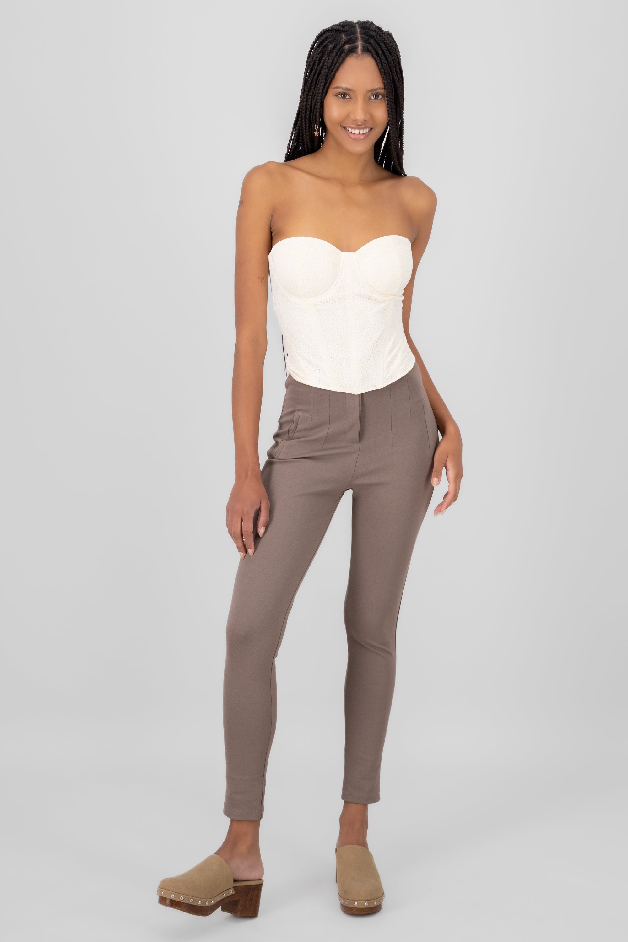 Pantalón Skinny Cintura Alta Pinzas TAUPE