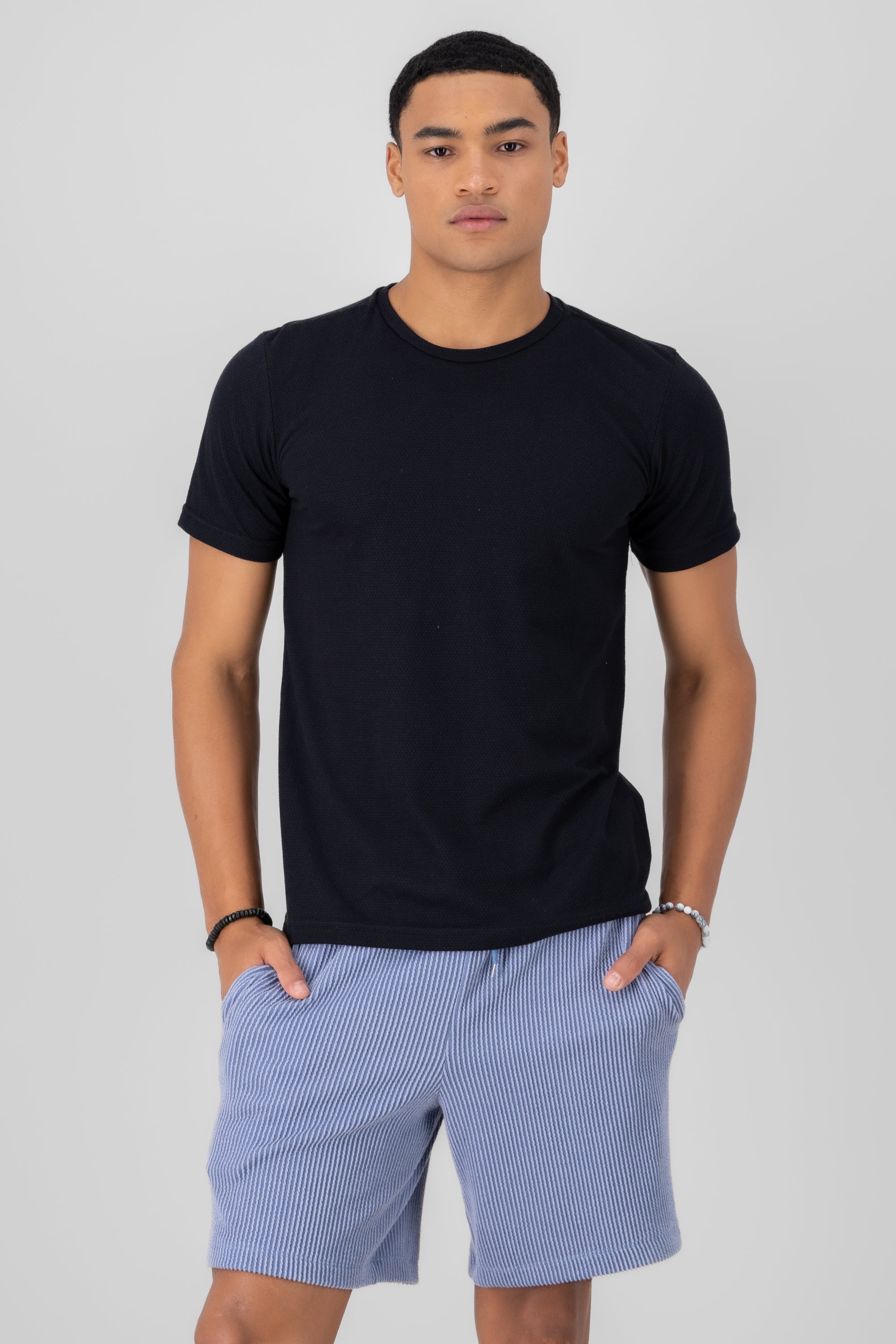 Playera cuello redondo textura waffle NEGRO