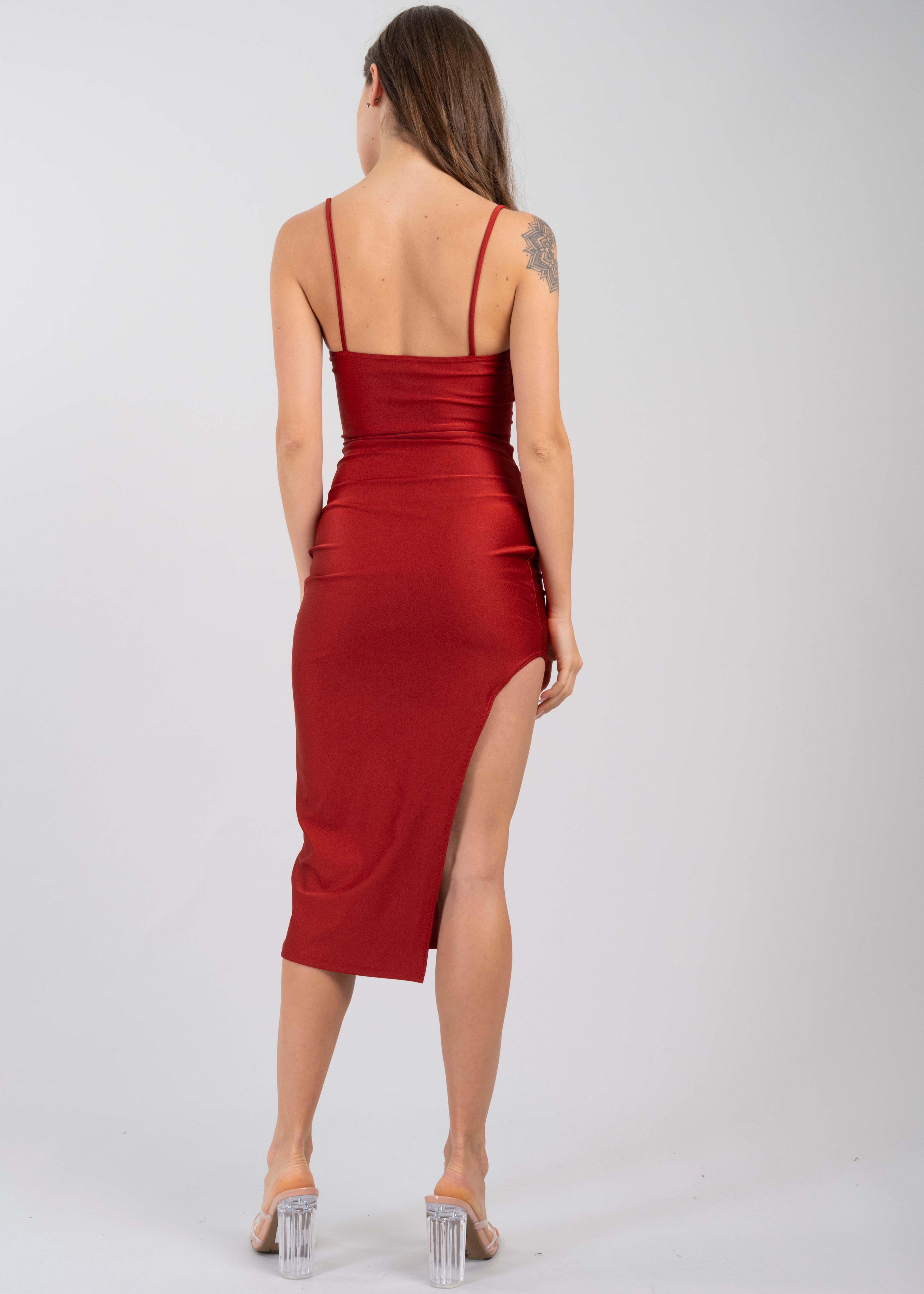 Vestido satín midi asimétrico LADRILLO