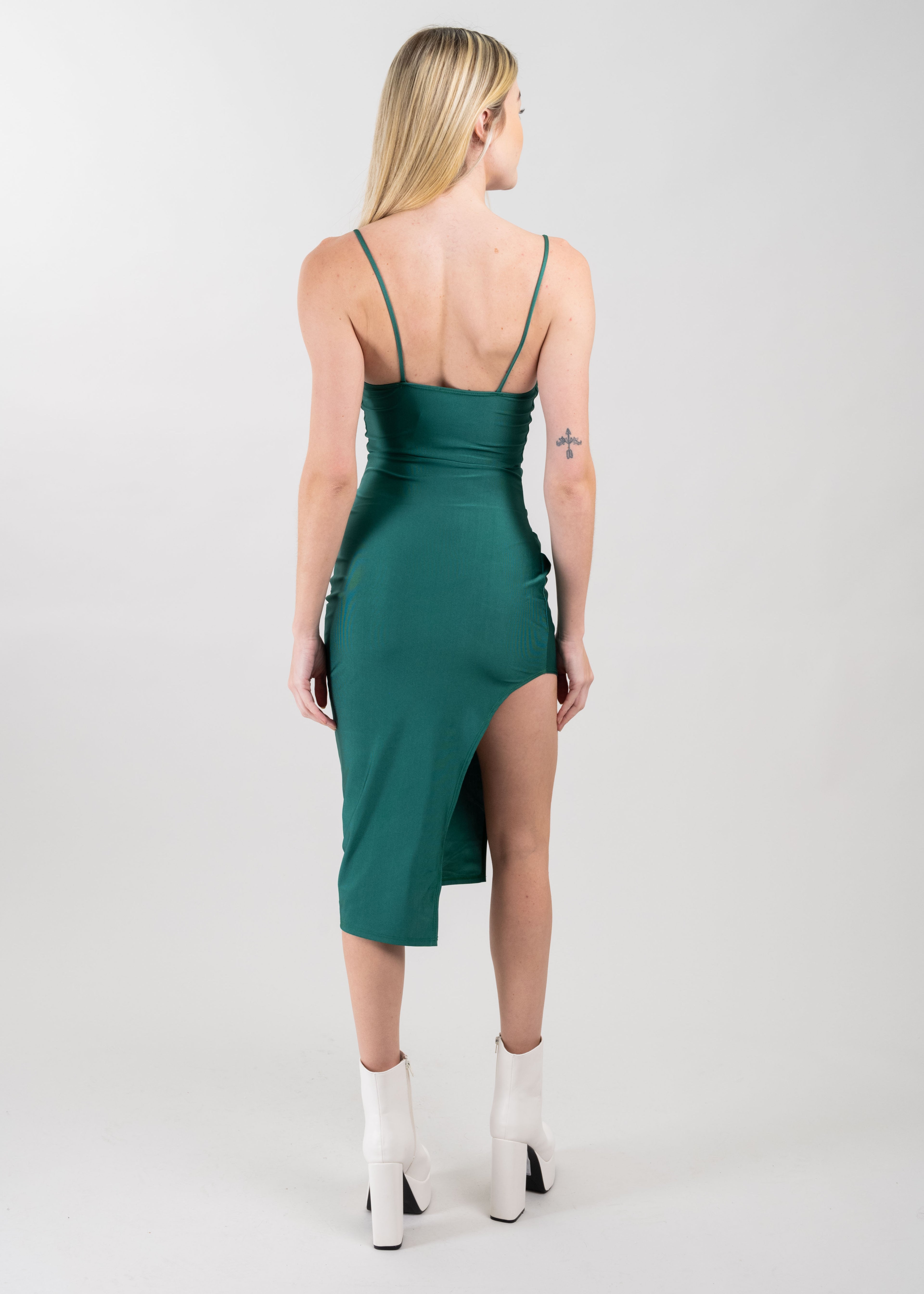 Vestido satín midi asimétrico VERDE BOTELLA