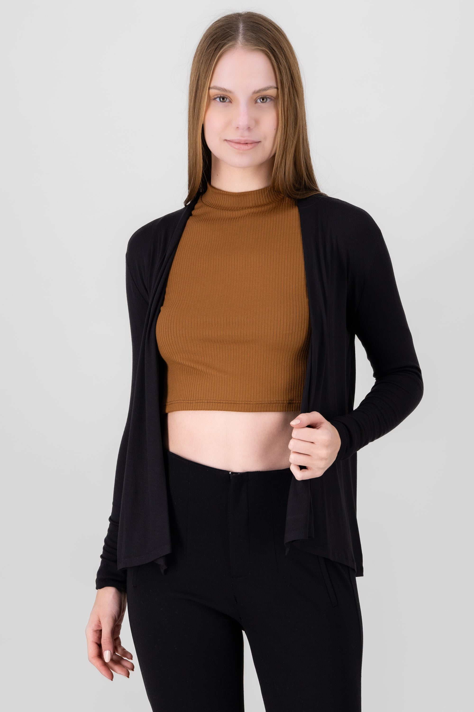 Chaqueta Tipo Cárdigan De Malla Con Cascada, De Punto Abierto, Larga