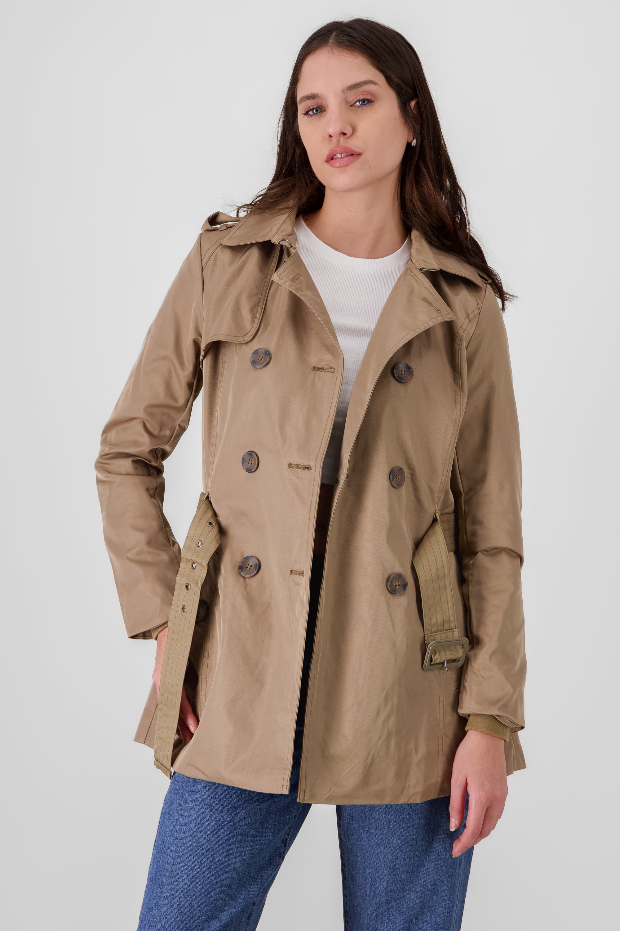 Gabardina corta cinturón botones KHAKI