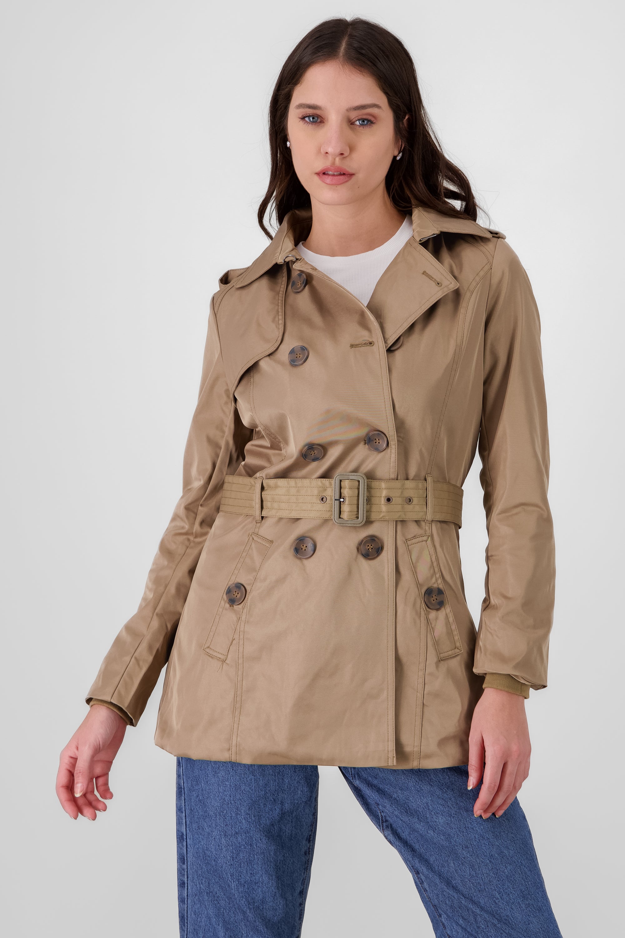 Gabardina corta cinturón botones KHAKI