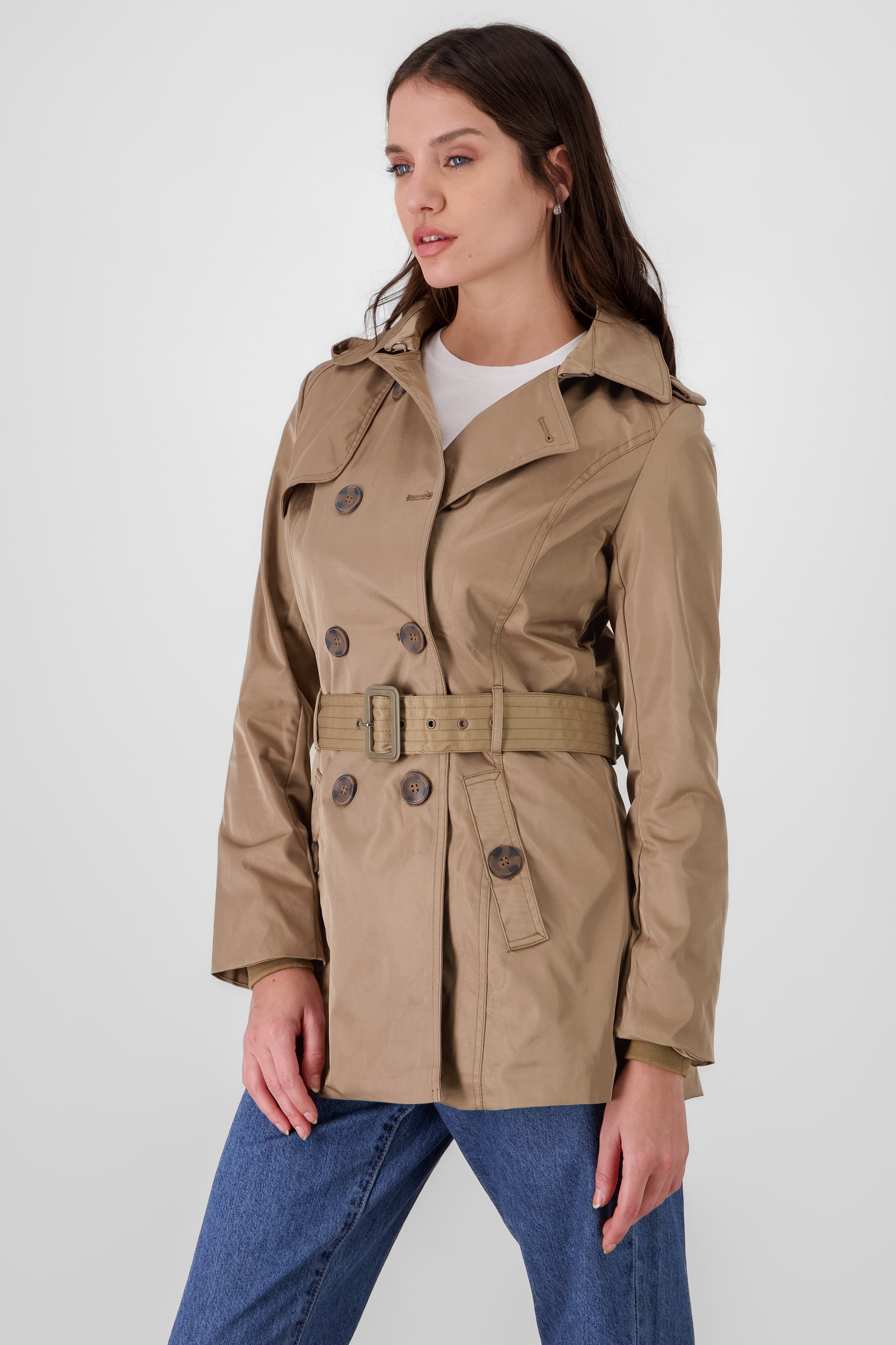 Gabardina corta cinturón botones KHAKI