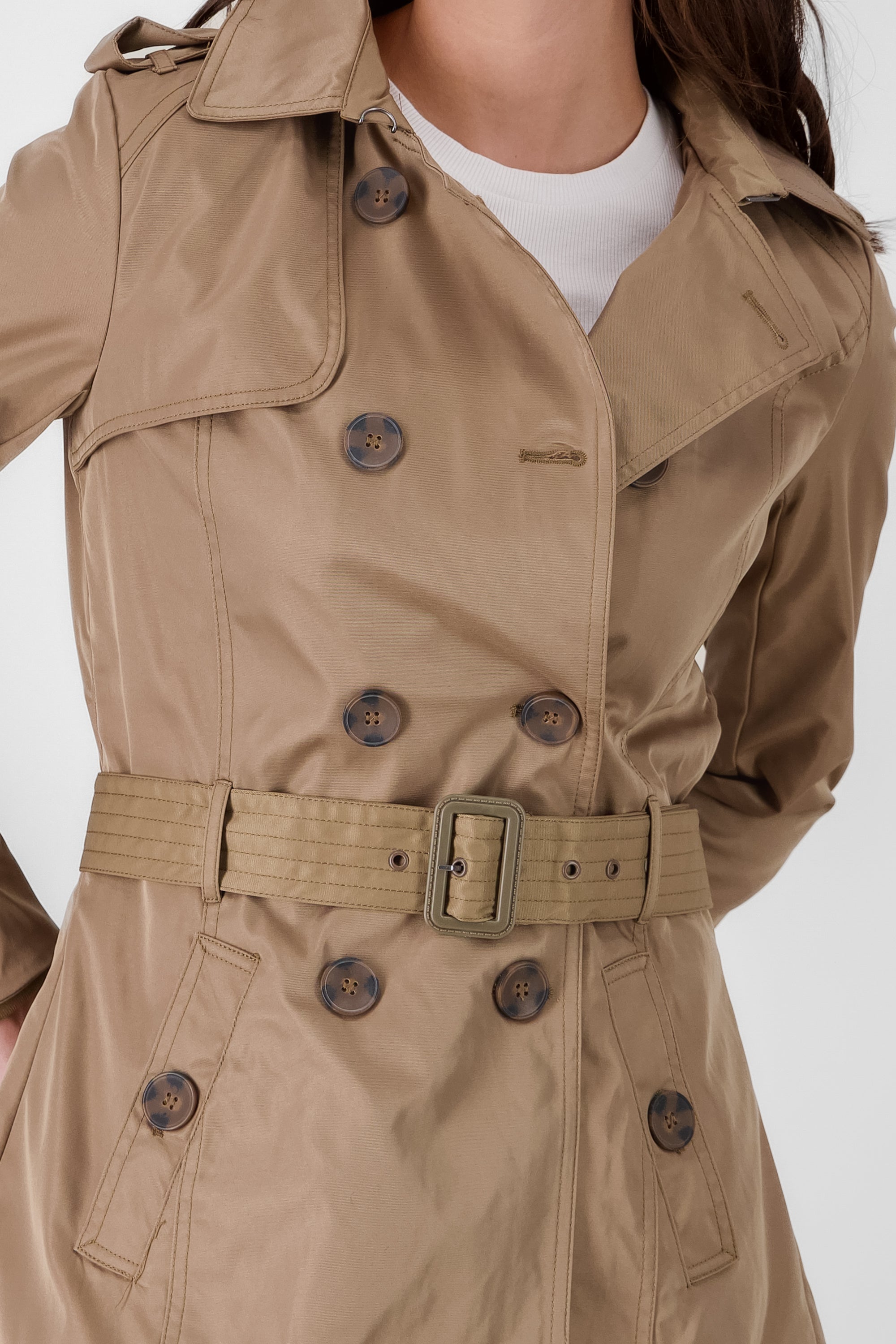 Gabardina corta cinturón botones KHAKI