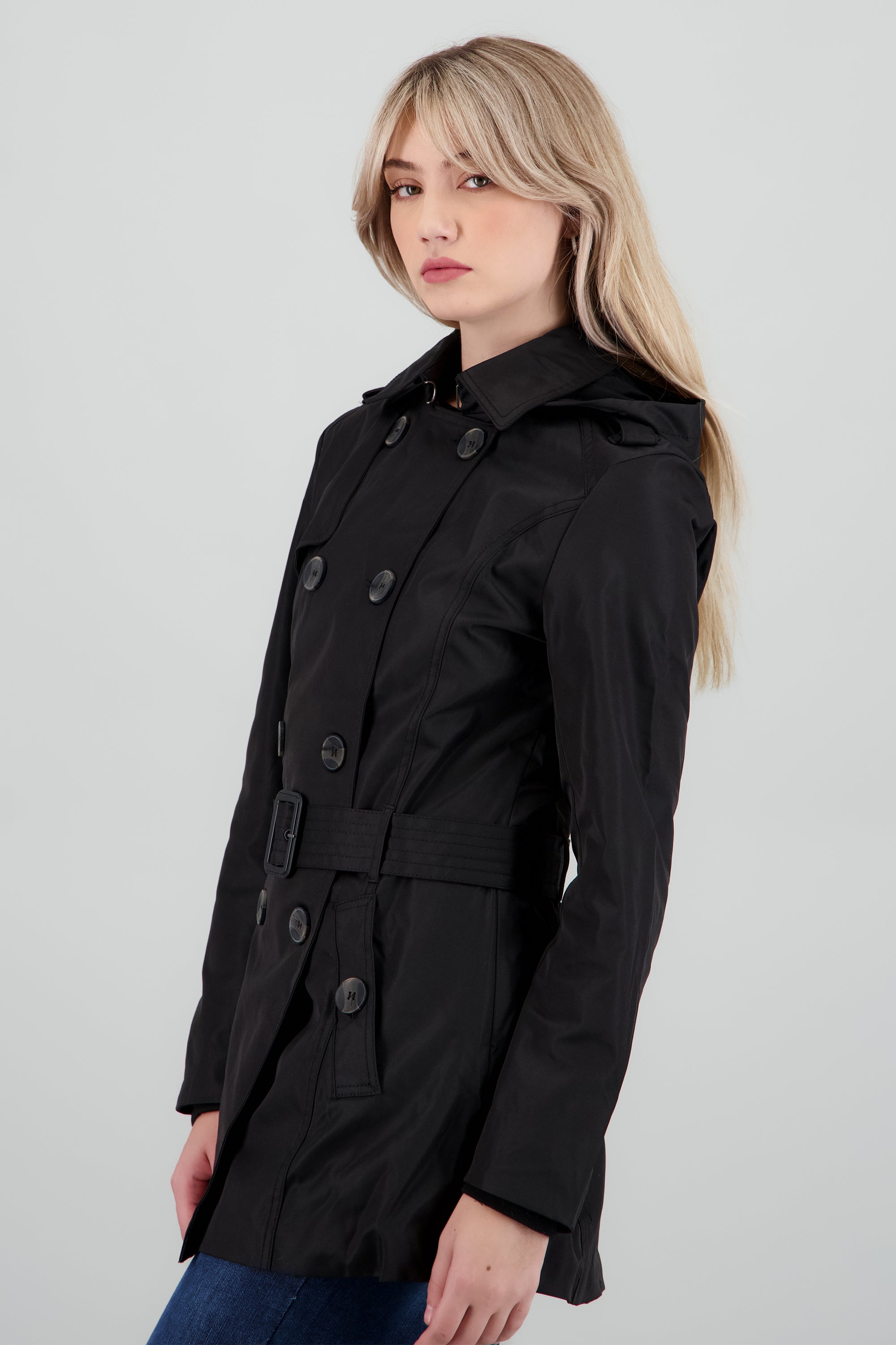 Gabardina corta cinturón botones NEGRO