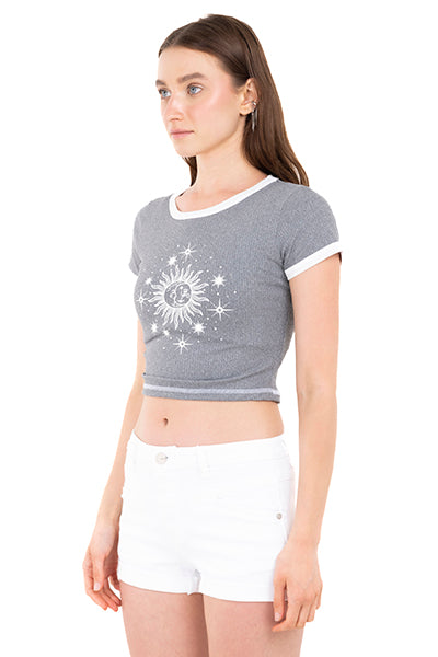Top Manga Corta Estampado Sol GRIS JASPE