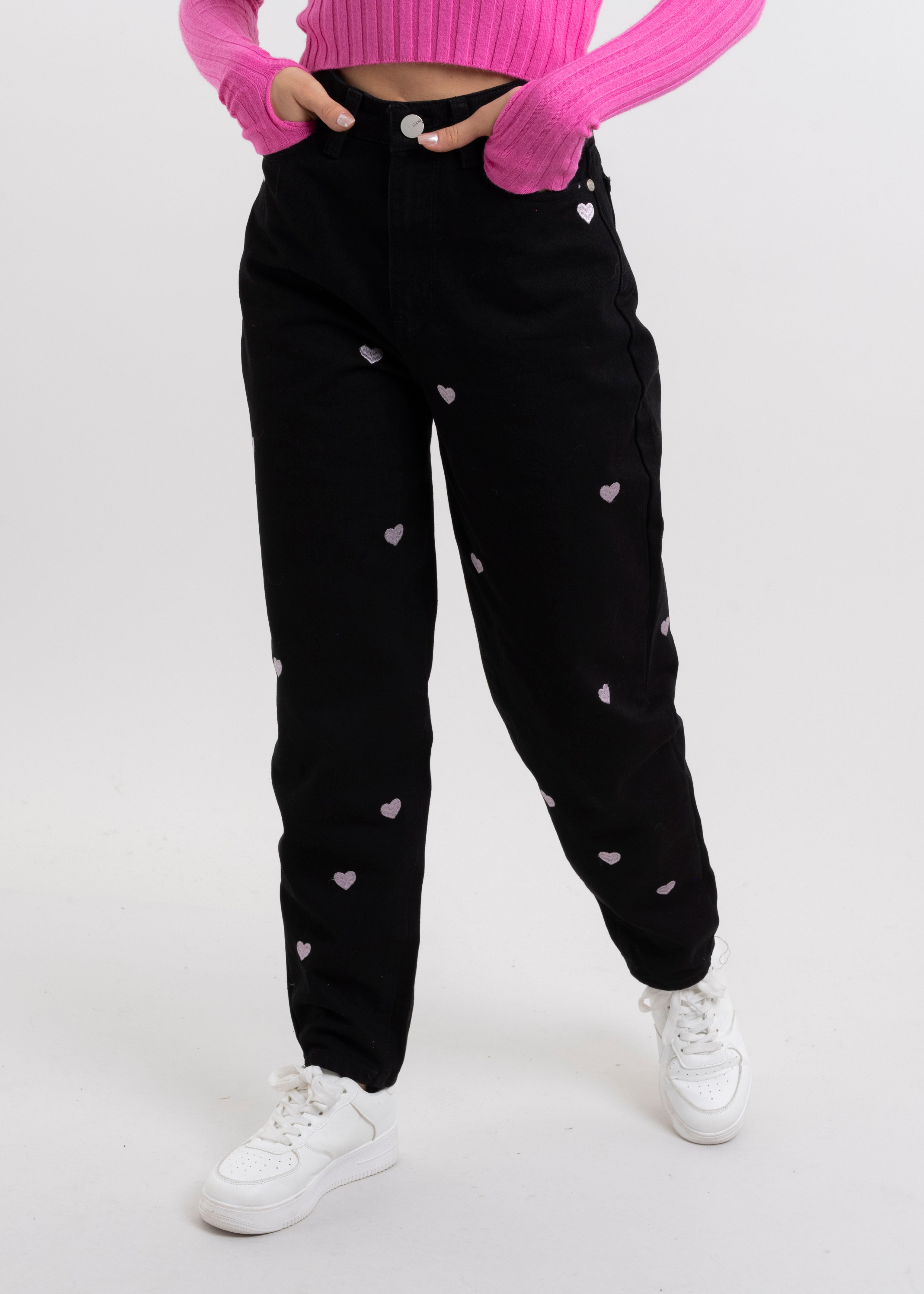 Jeans mom corazones NEGRO