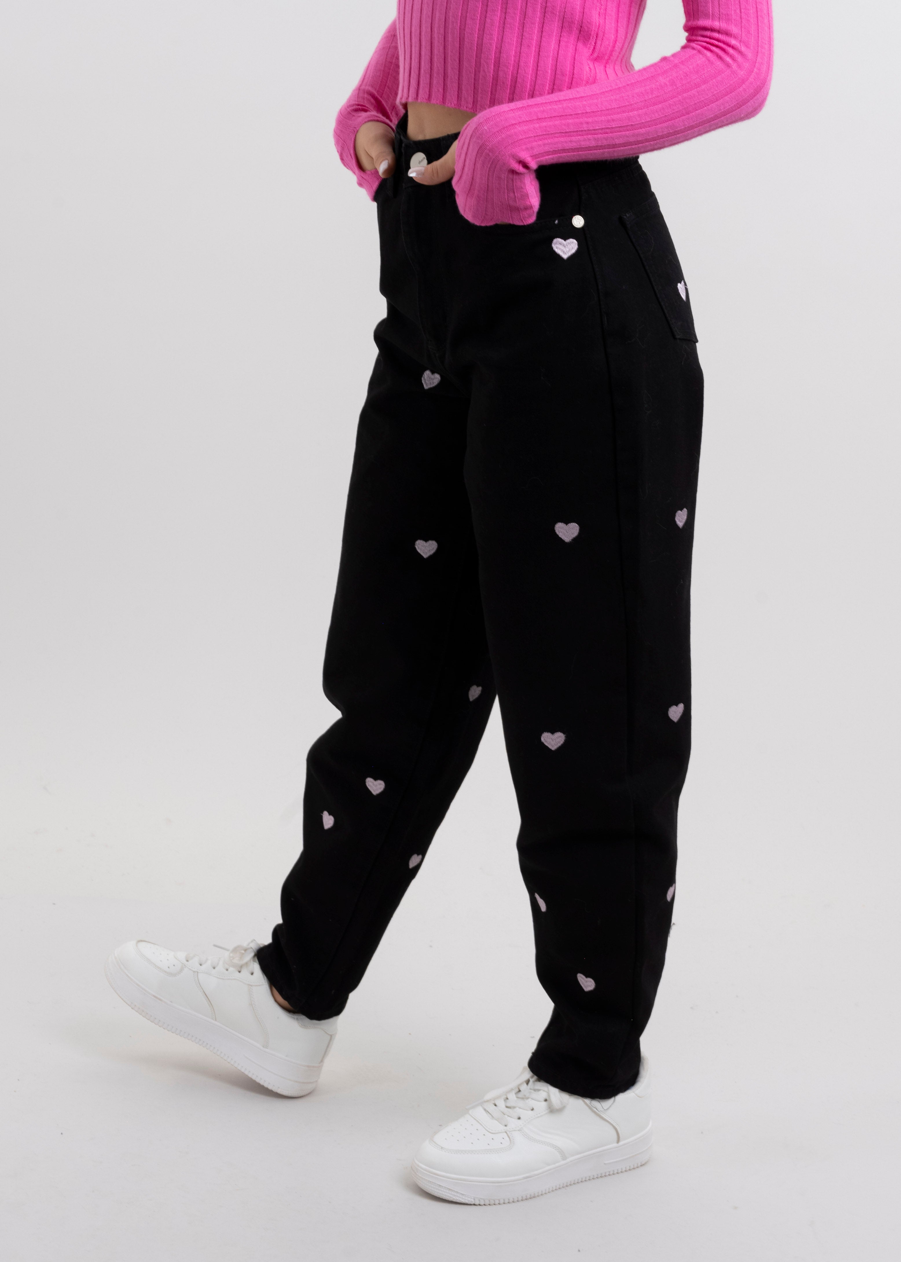 Jeans mom corazones NEGRO