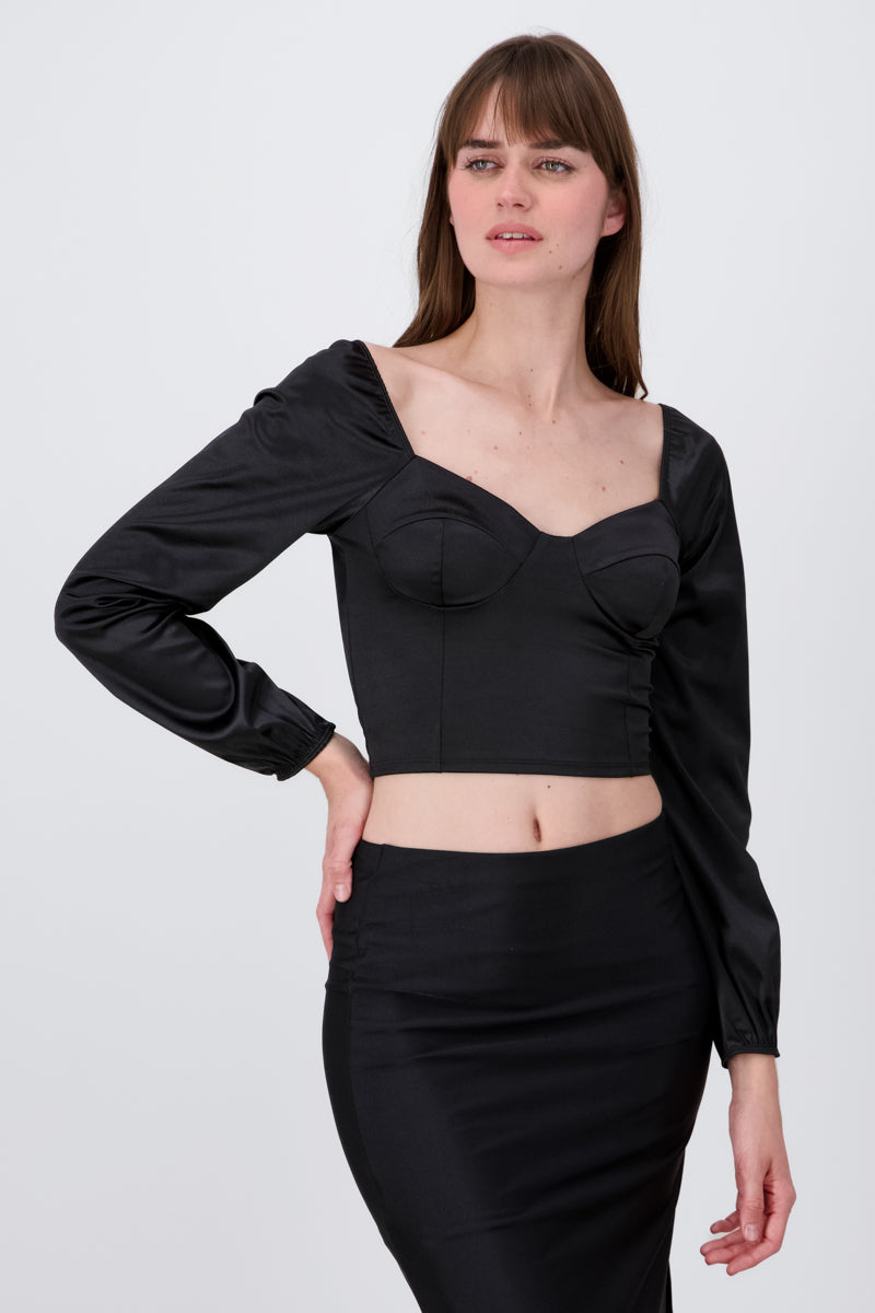 Blusa crop bustier satín NEGRO