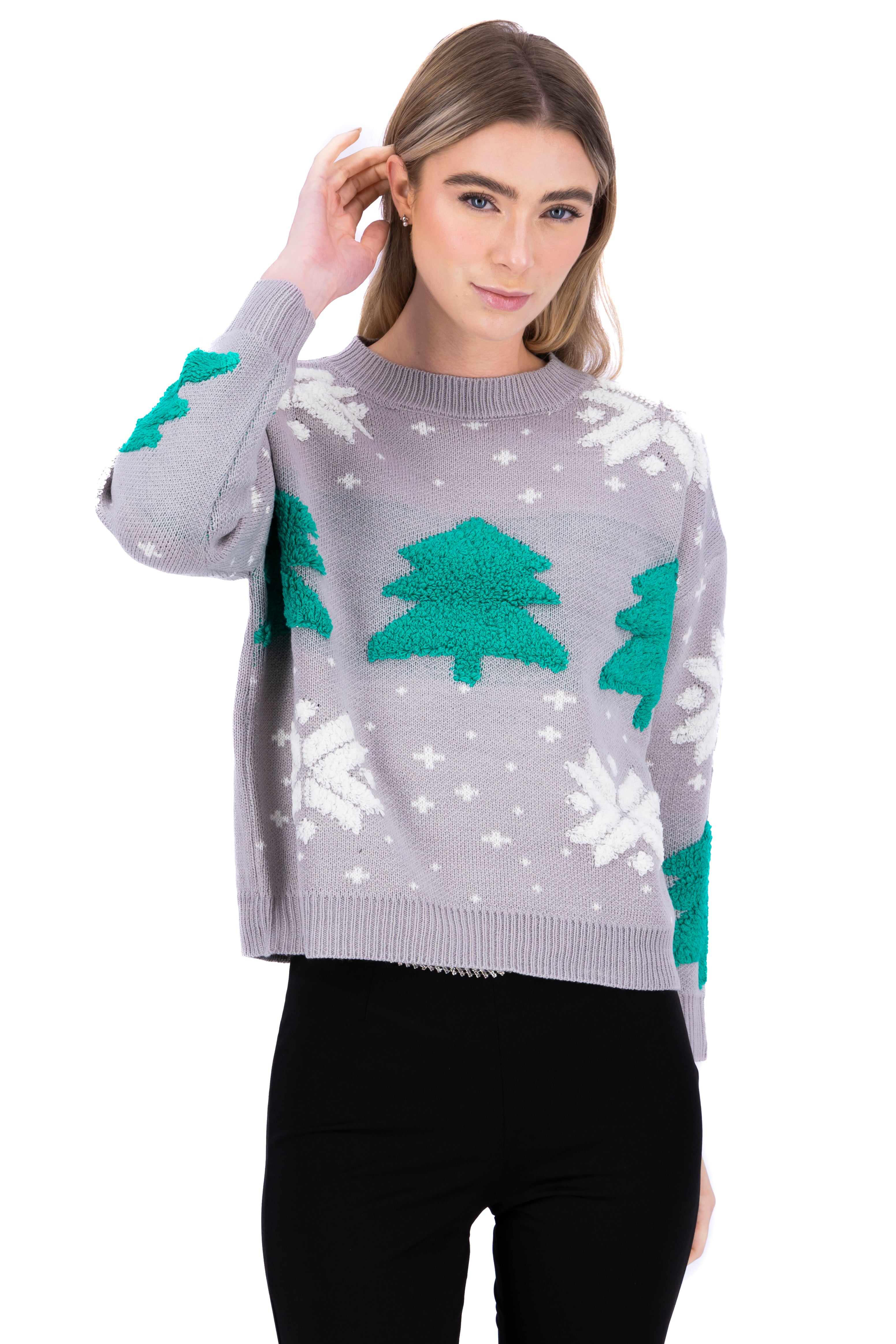 Suéter navideño pinos GRIS COMBO