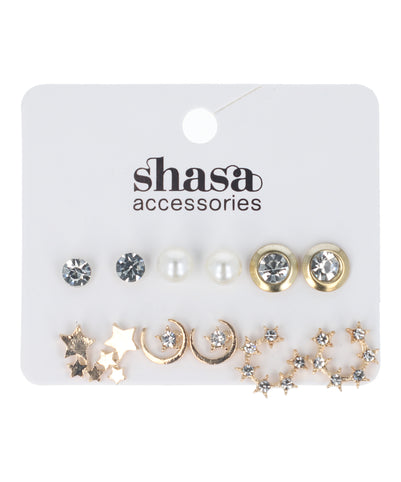 Set 6 pares aretes studs estrella luna