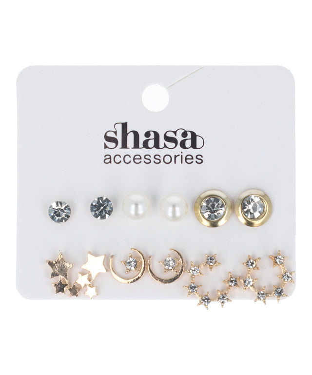 Set 6 pares aretes studs estrella luna