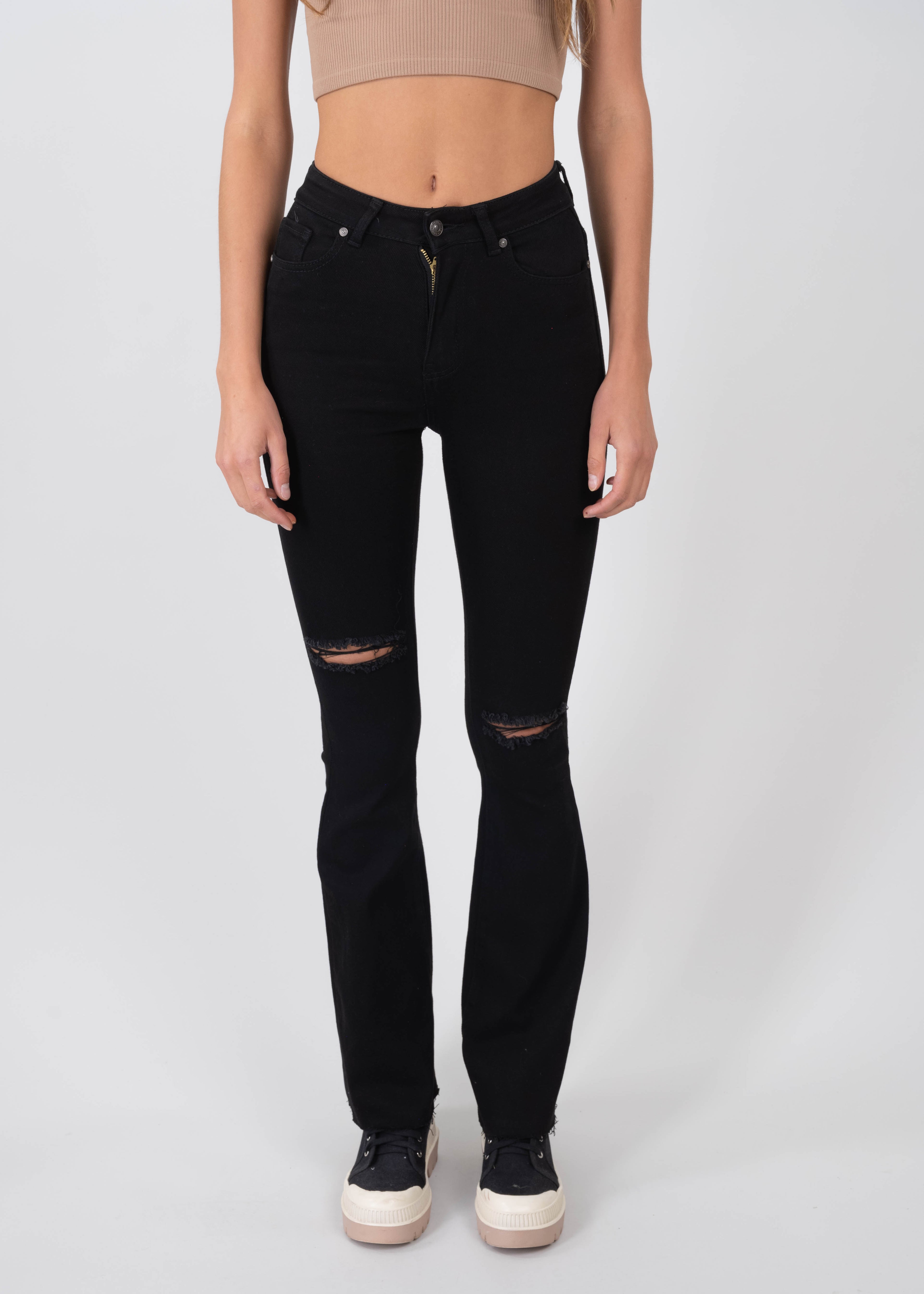 Jeans Denim Flared Destrucciones NEGRO