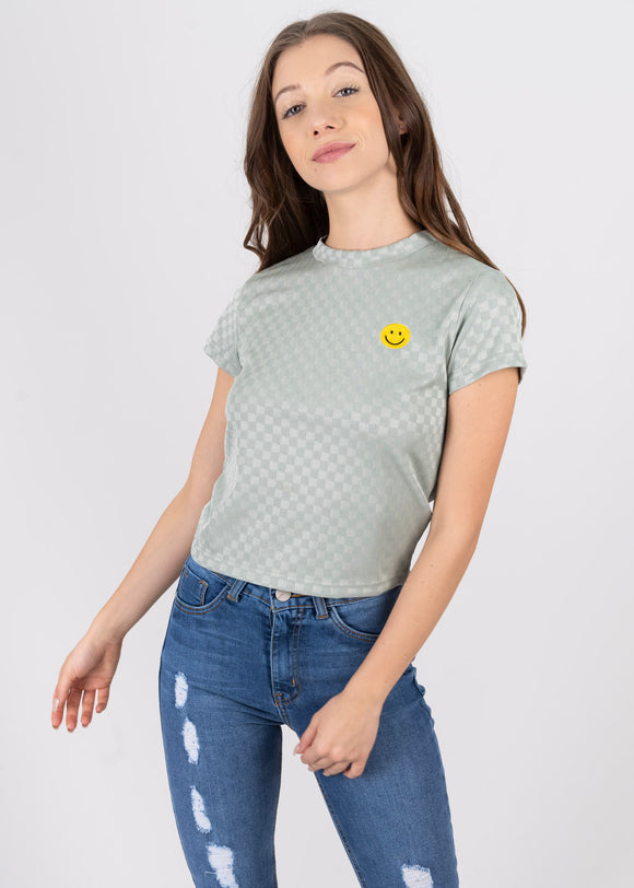 Top satín ajedrez carita feliz