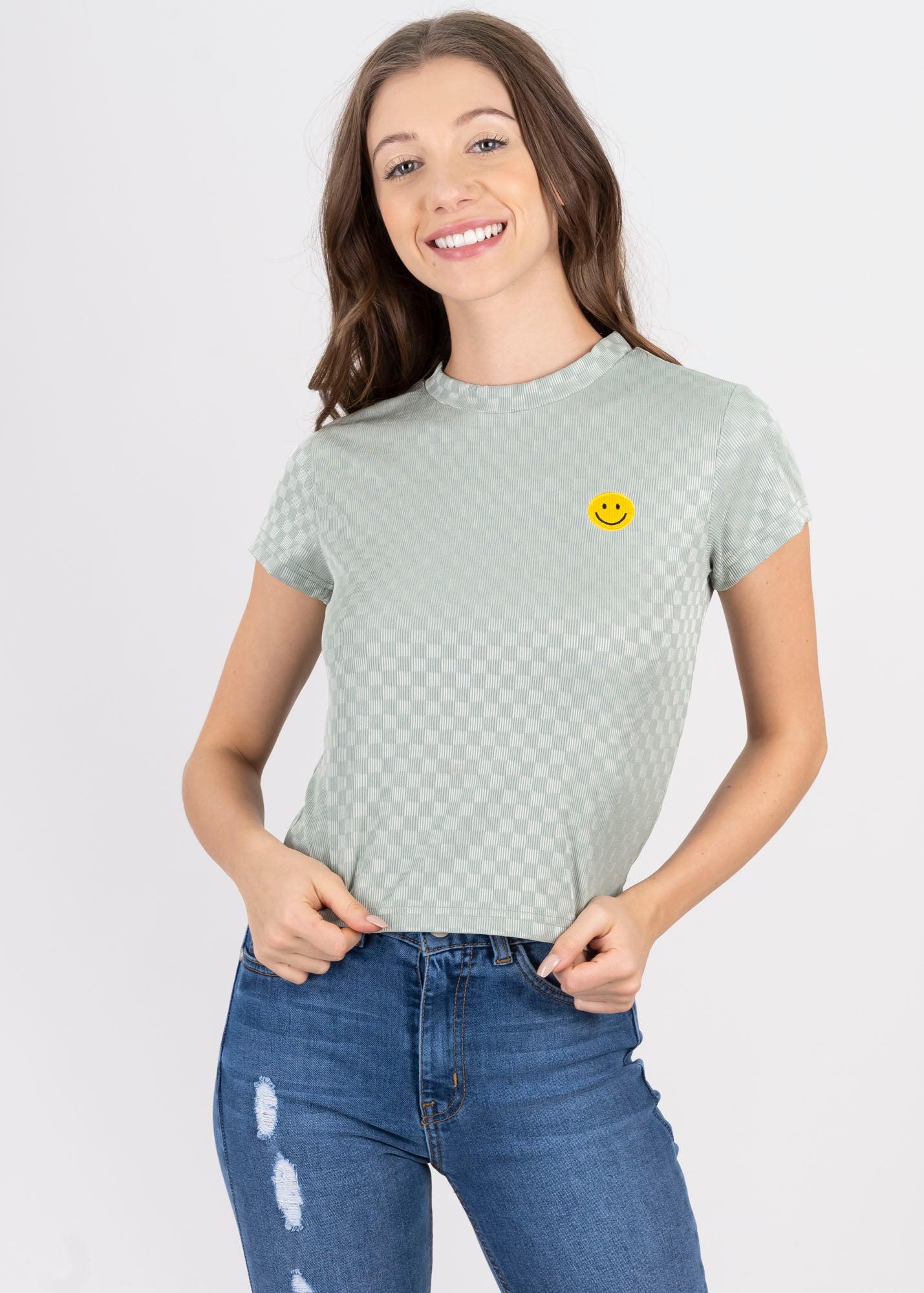 Top satín ajedrez carita feliz