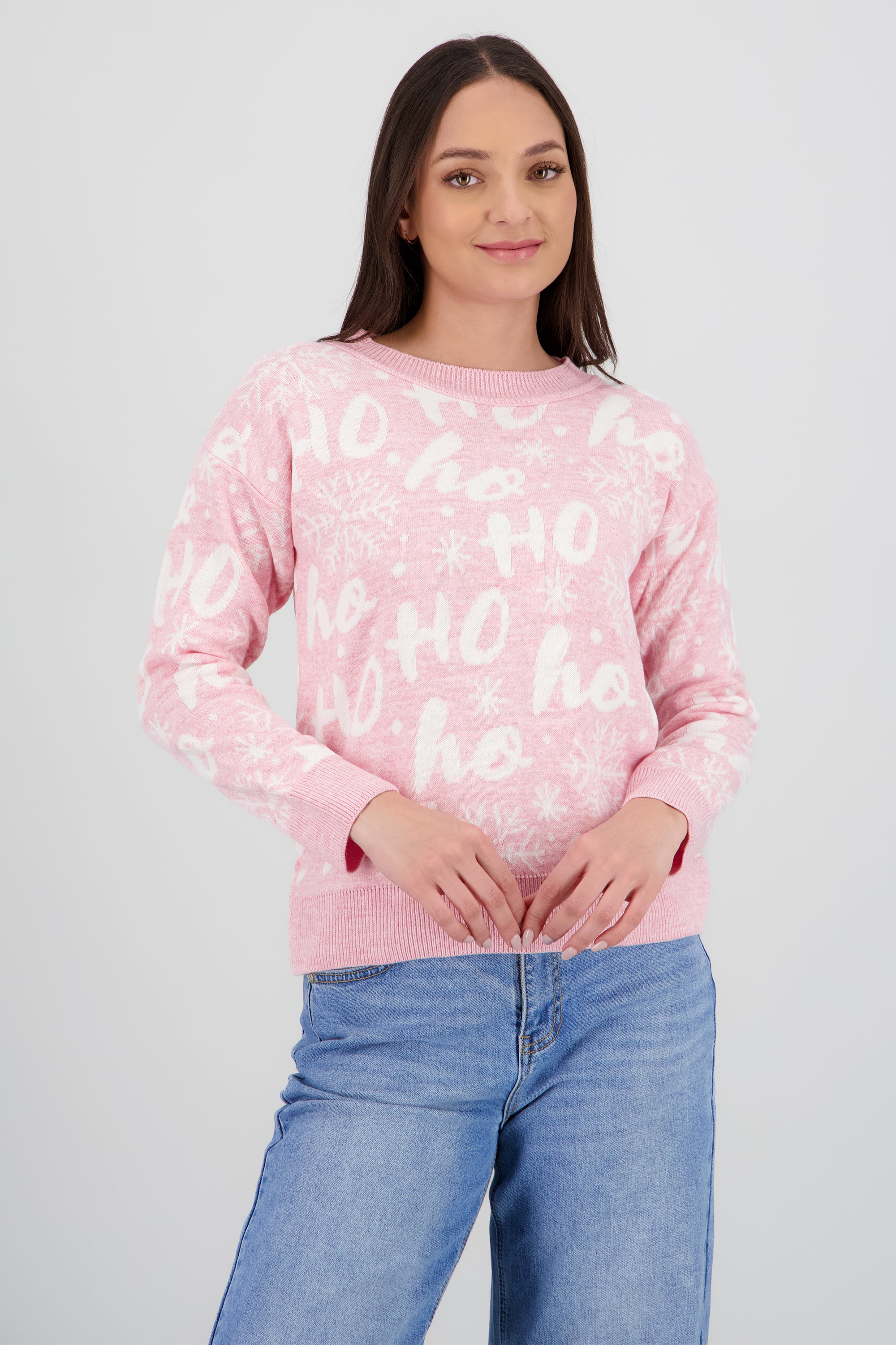 Suéter navideño ho ho ROSA PASTEL