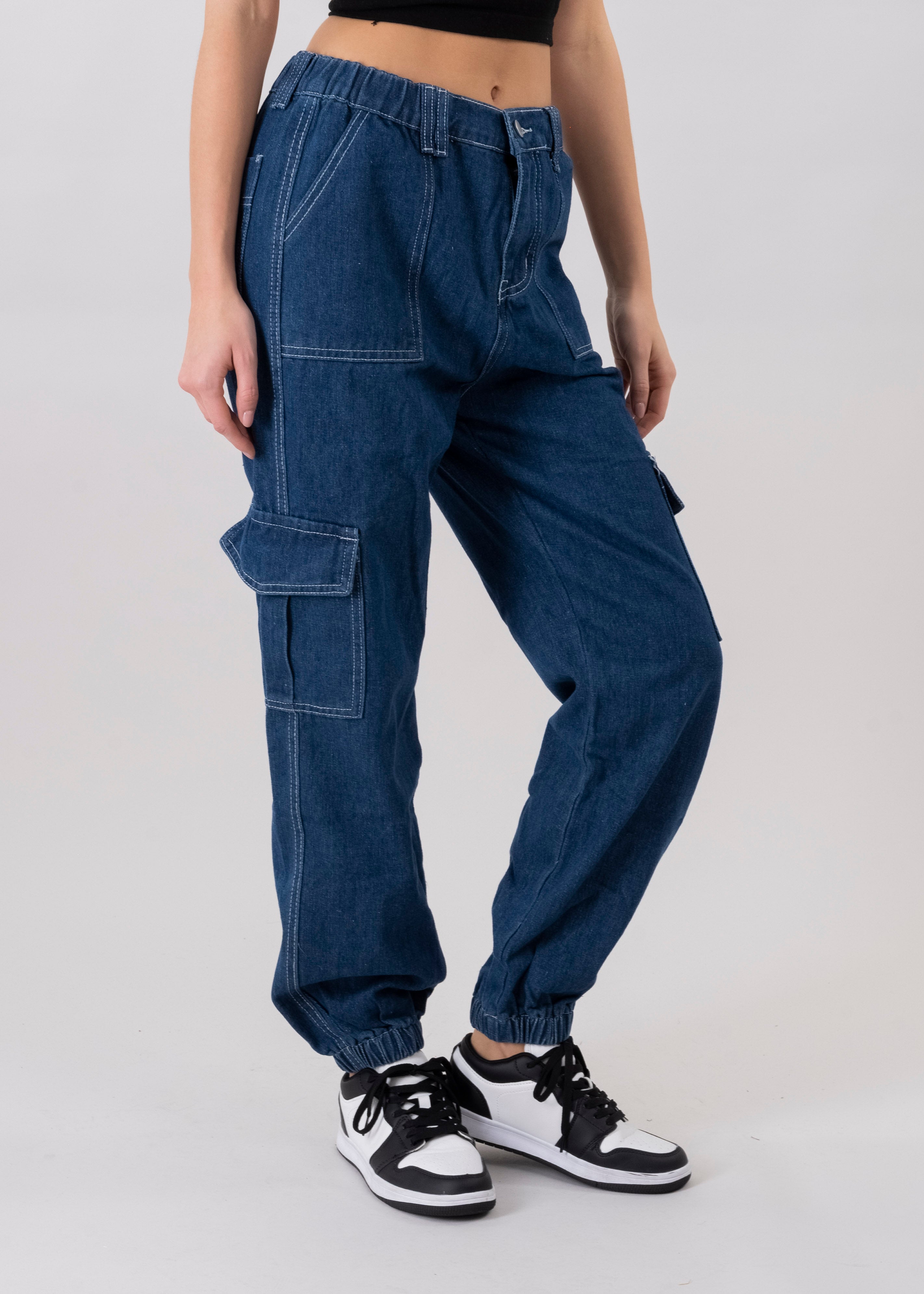 Jeans cargo cintura elástica DARK WASH