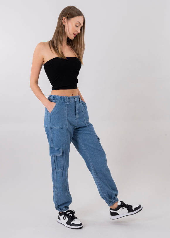 Jeans cargo cintura elástica