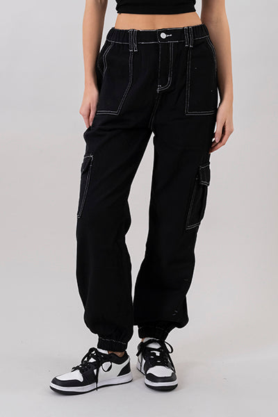 Jeans cargo cintura elástica NEGRO