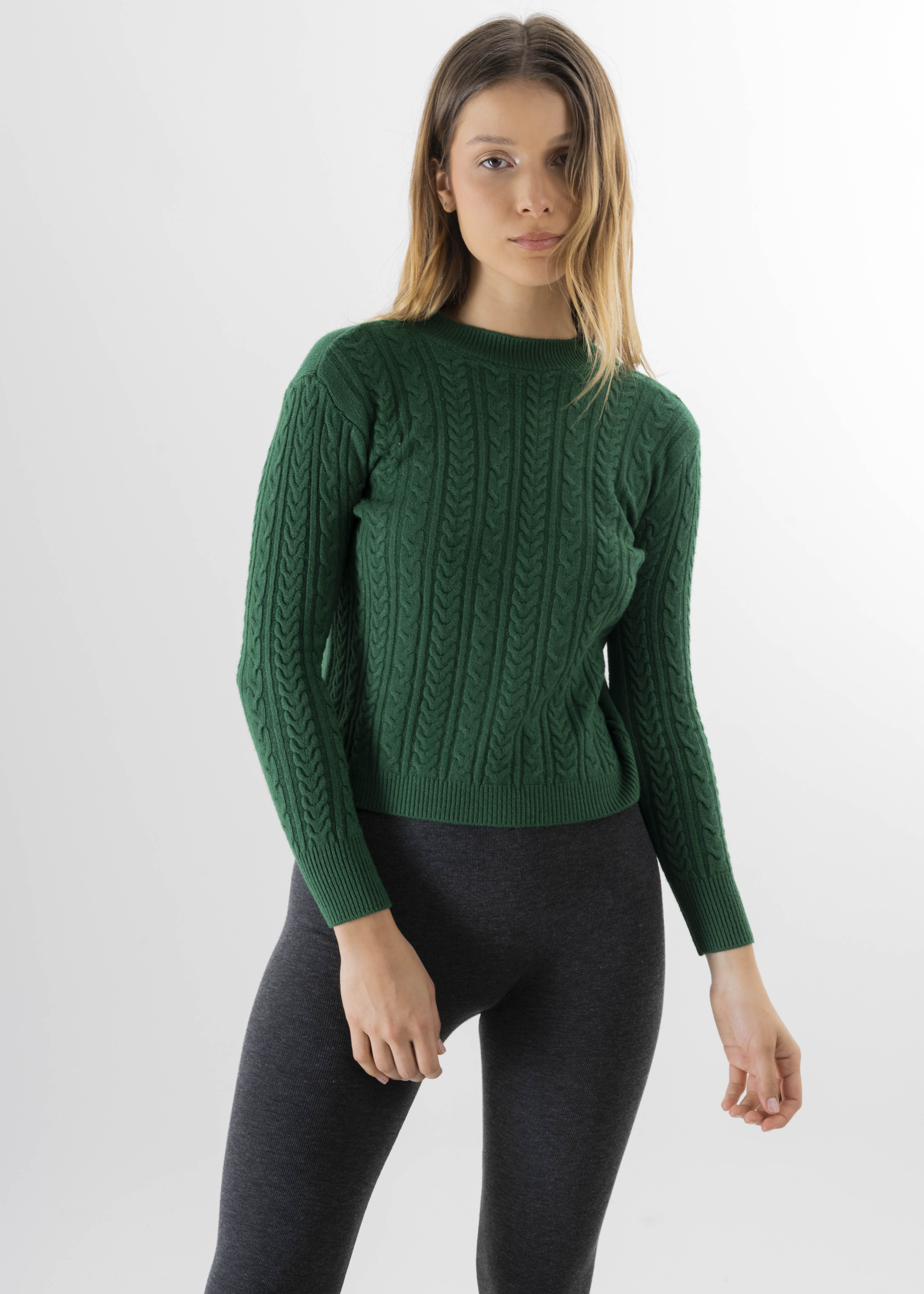 Suéter cuello alto tejido trenzas VERDE