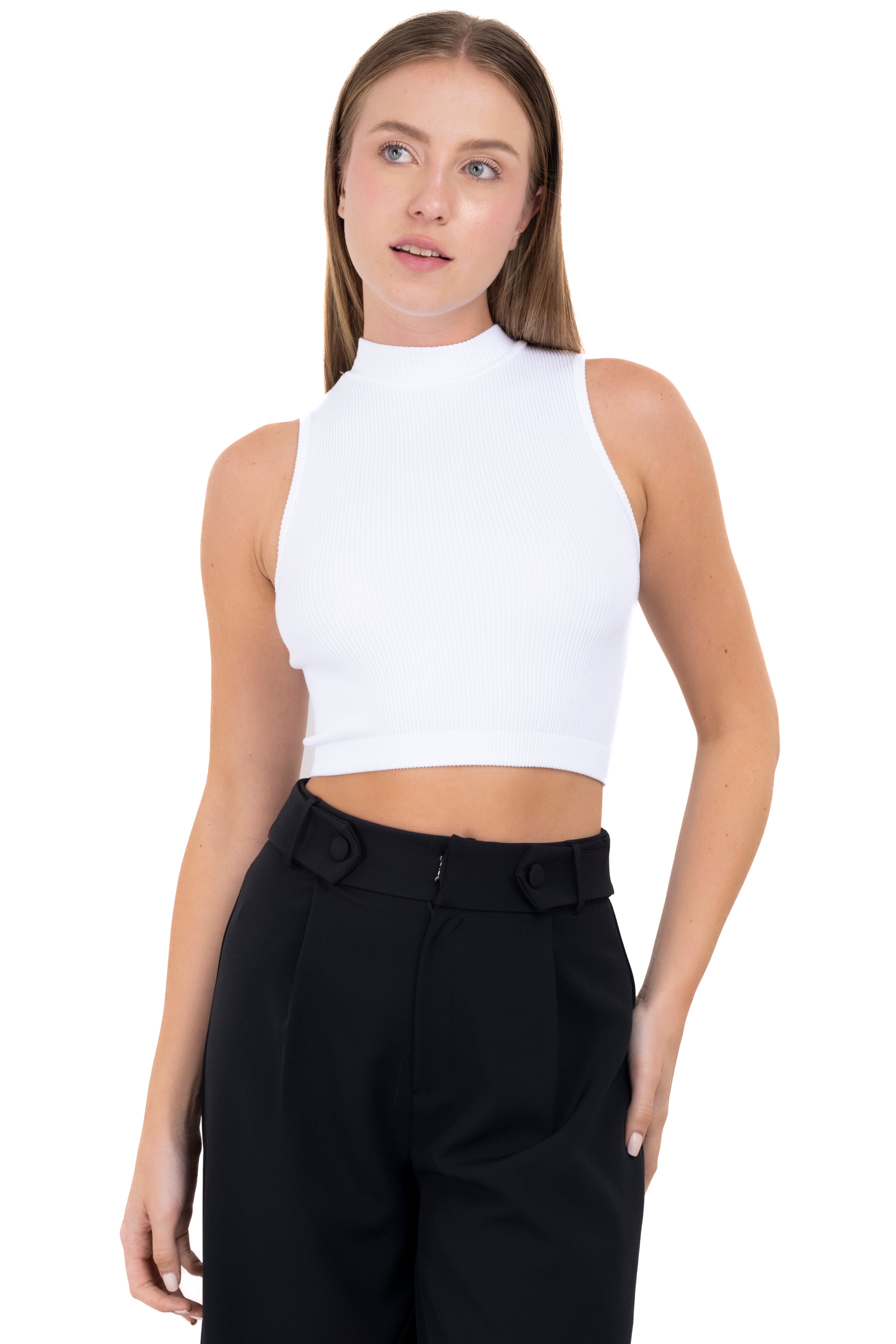 Top acanalado cuello redondo BLANCO