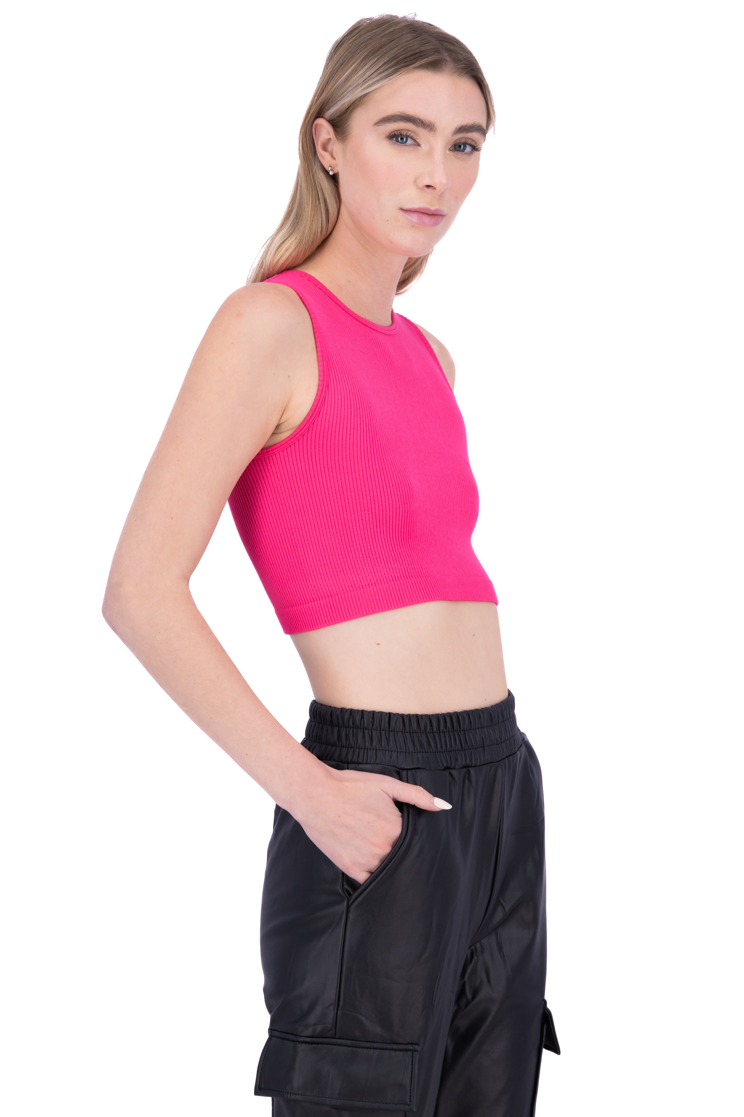 Top crop acanalado cuello redondo ROSA