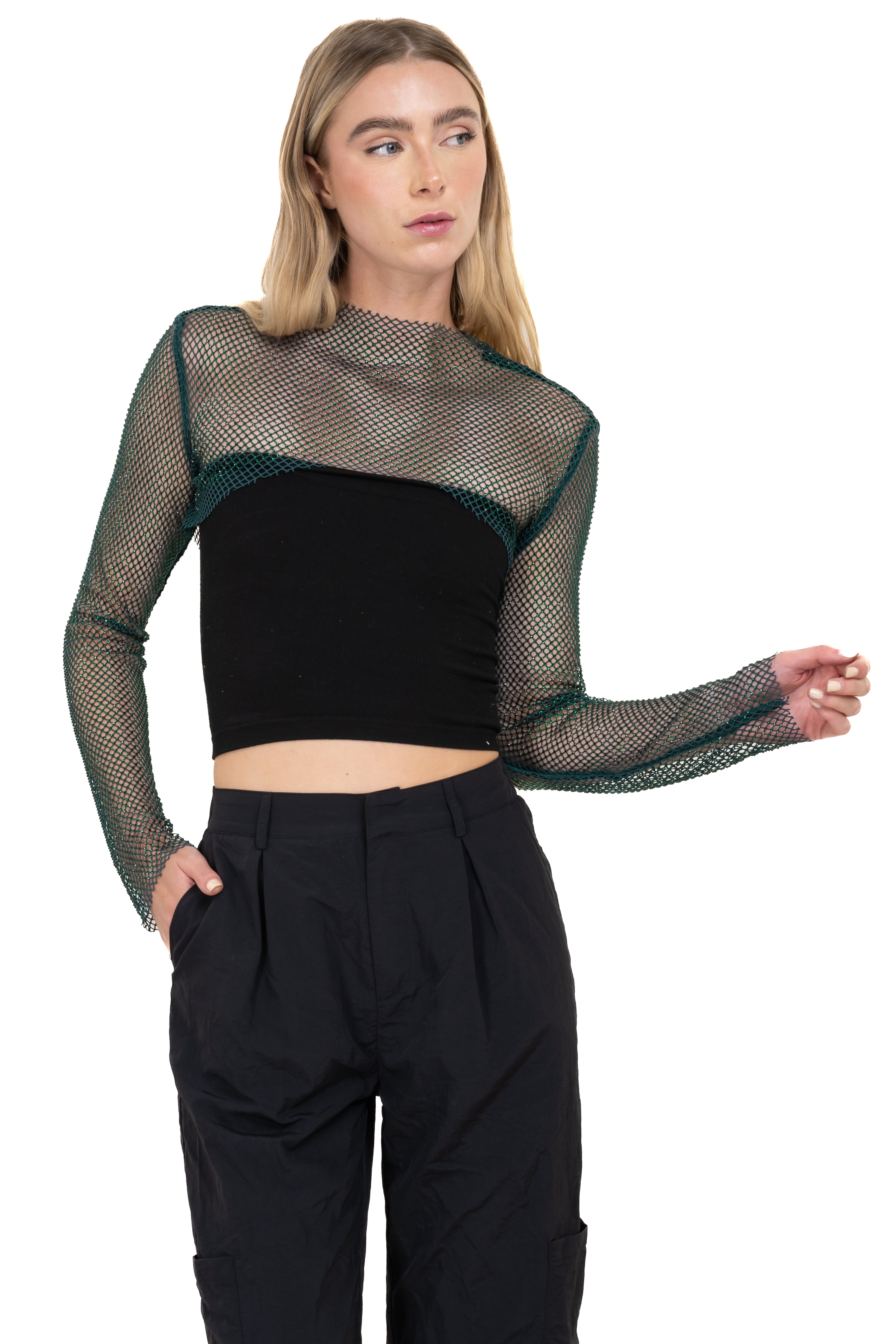 Top mangas red brillos VERDE CAZADOR