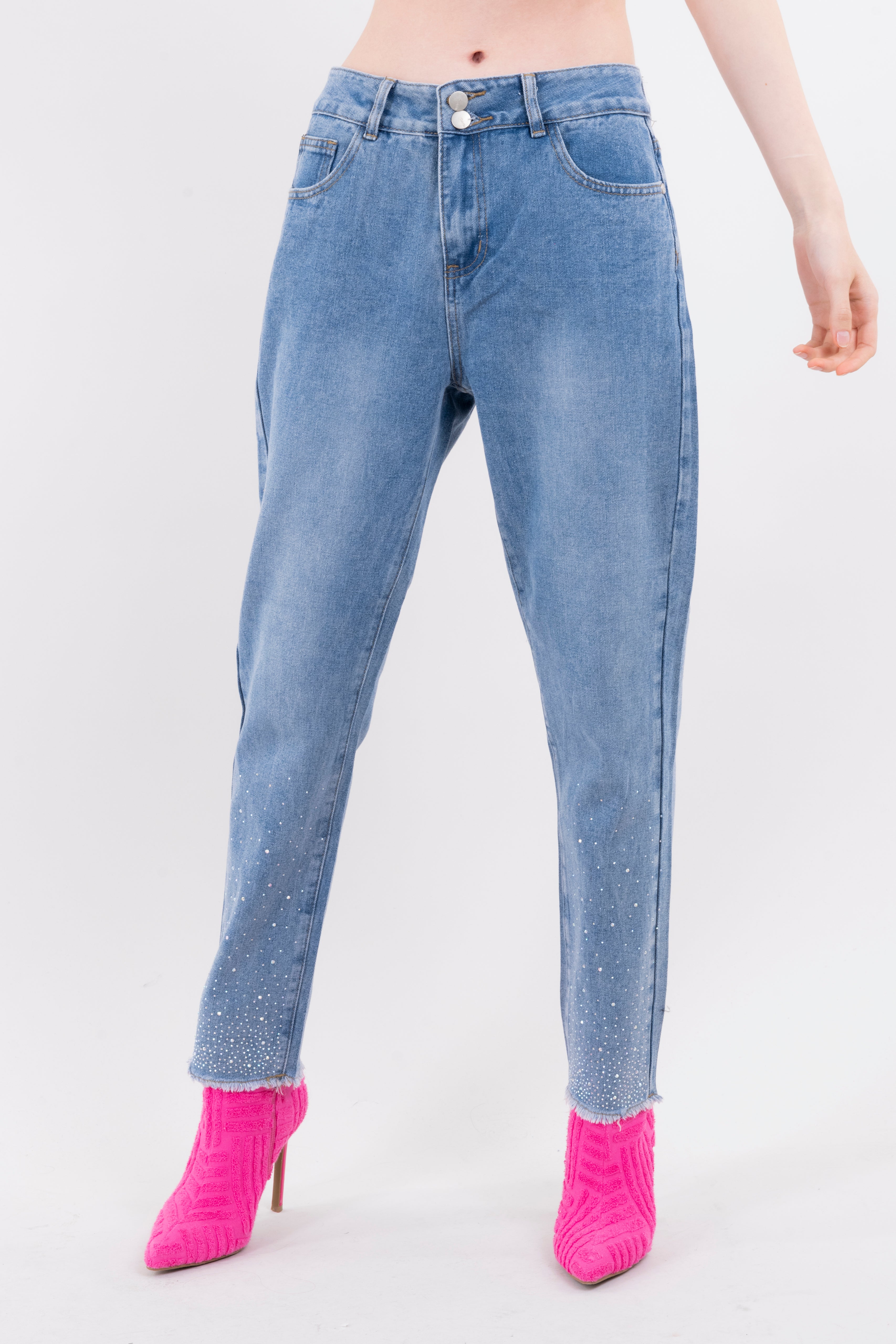Jeans mom aplicaciones brillos MEDIUM WASH