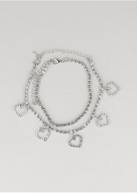 2P Anklet Corazon Brillos PLATA