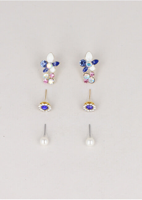 3Pr Aretes Flor Cristal AZUL