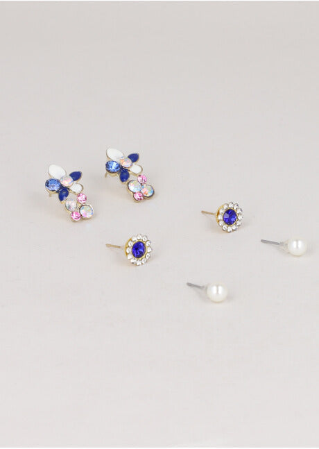3Pr Aretes Flor Cristal AZUL