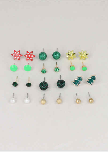 12 Pr Aretes Moño Navidad VERDE