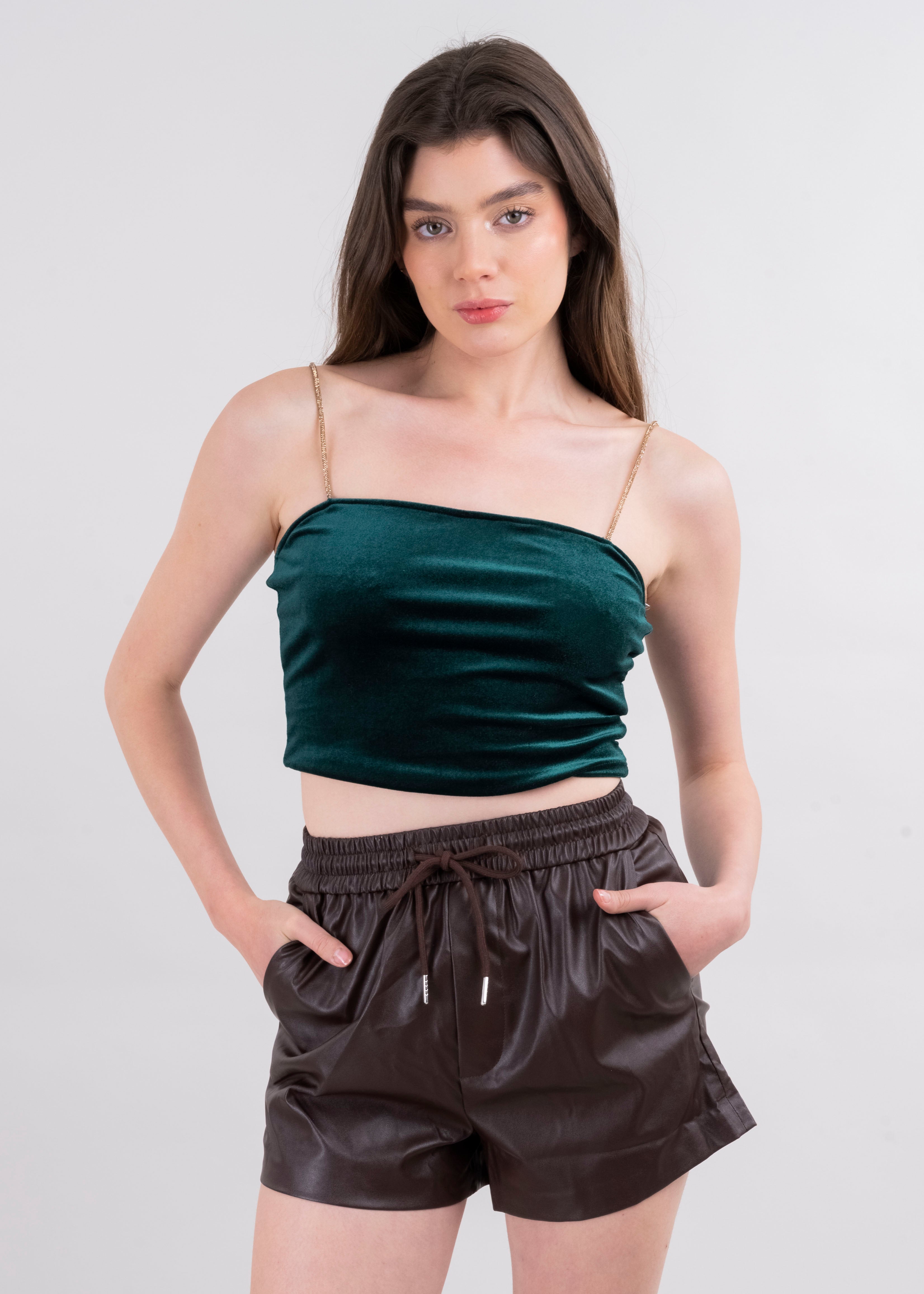 Top velvet tirantes brillos VERDE CAZADOR
