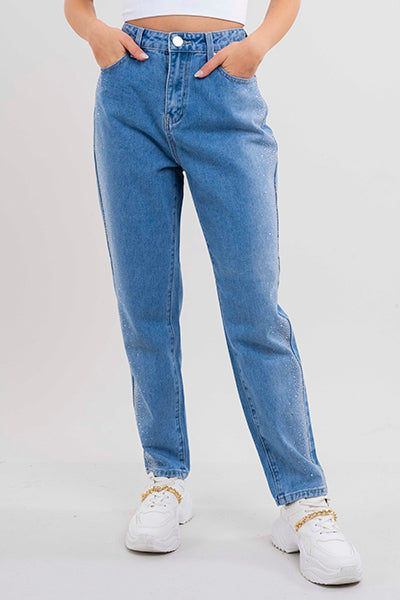 Jeans aplicación brillos cintura alta MEDIUM WASH
