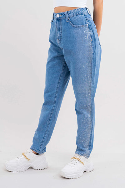 Jeans aplicación brillos cintura alta MEDIUM WASH